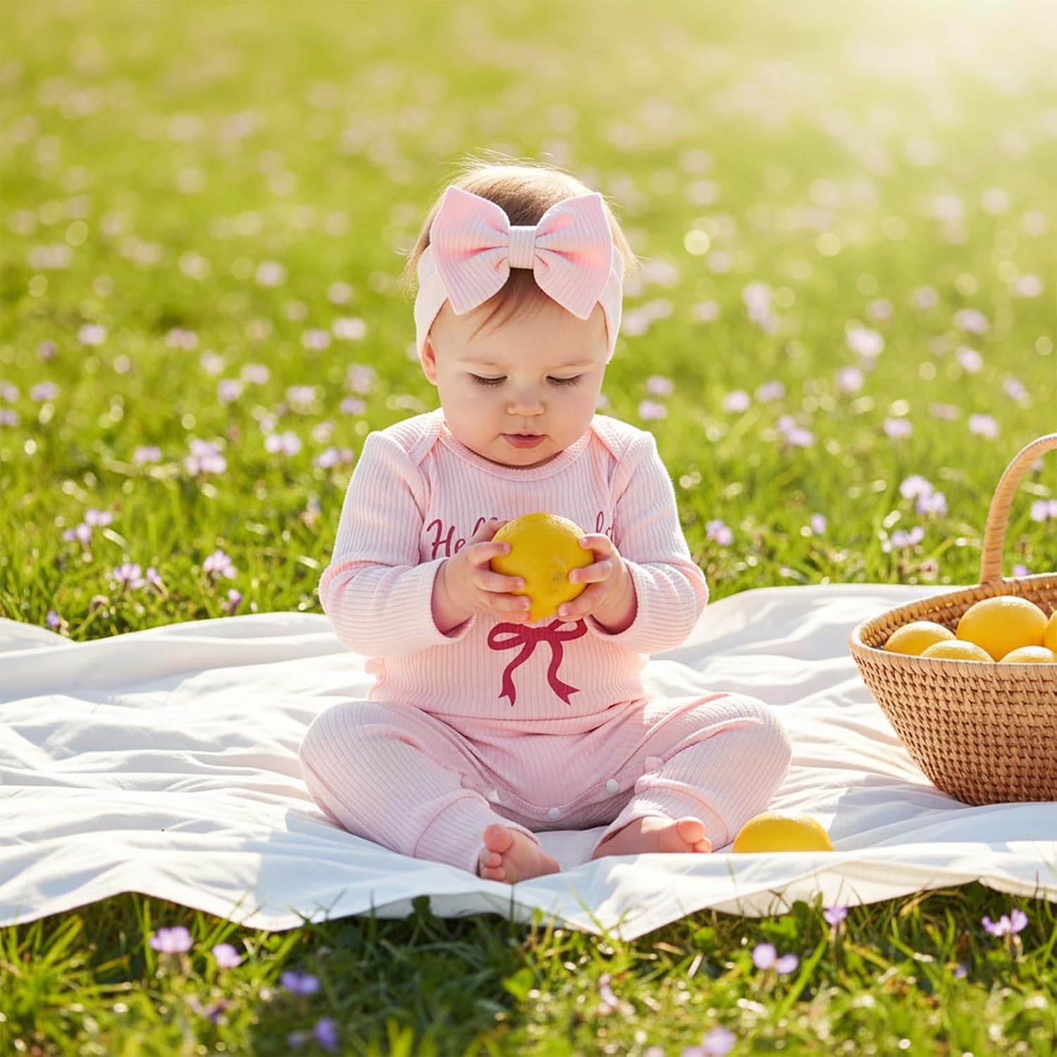 Baby Girls Clothes She Is Here Embroidery Romper Bow Waffle Knit Ruffled Newborn Infant Winter Fall Outfit with Headband - Image 3