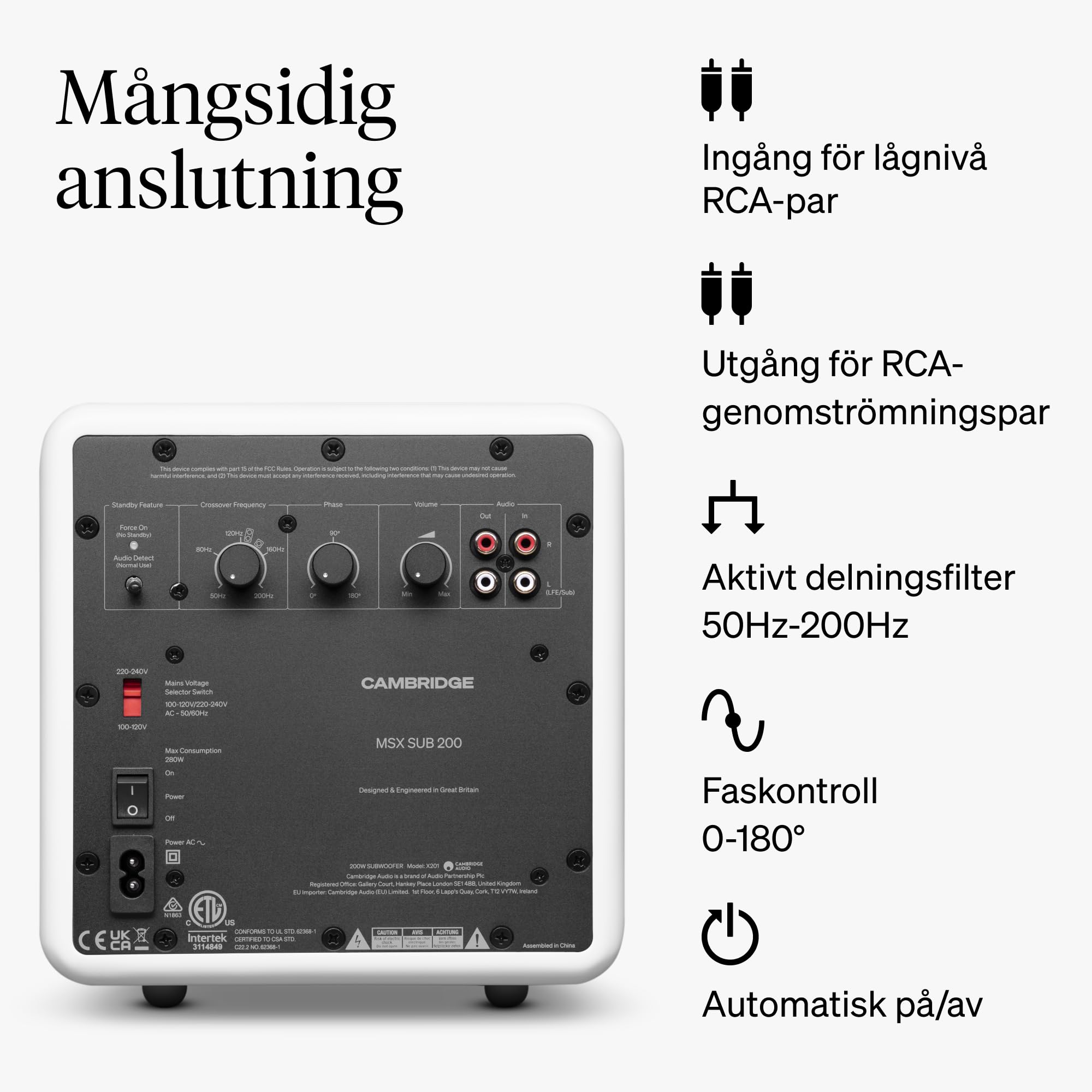 Cambridge Audio MSX SUB 200 Caisson de Basses Actif 200W Compact Enceinte HiFi Grave Double Haut-Parleur Réglage Fréquence Phase Home Cinéma Stéréo Blanc