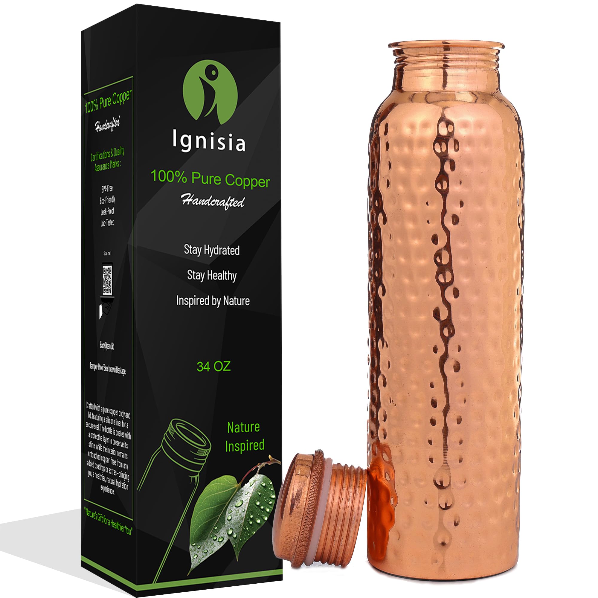 Amazon.com: Ignisia Copper Water Bottle 34oz – 100% Pure Hammered