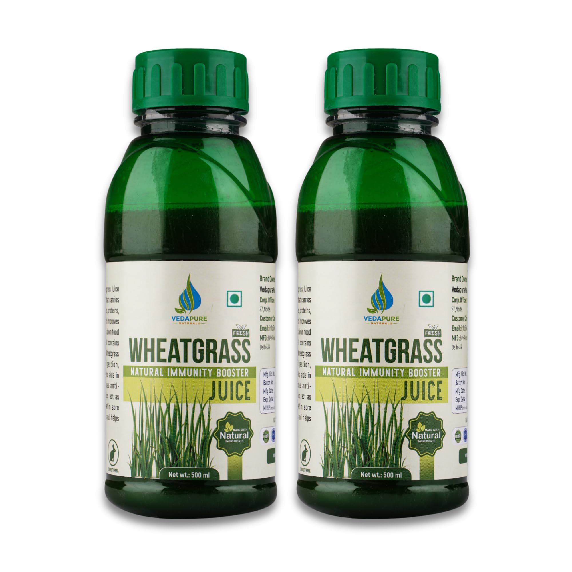 VEDAPURE Natural Wheatgrass Juice For Immunity, Skin, Ayurvedic Juice for Detoxification, High Chlorophyll, No Added Sugar & Flavors 1000 ML (Pack of 2)