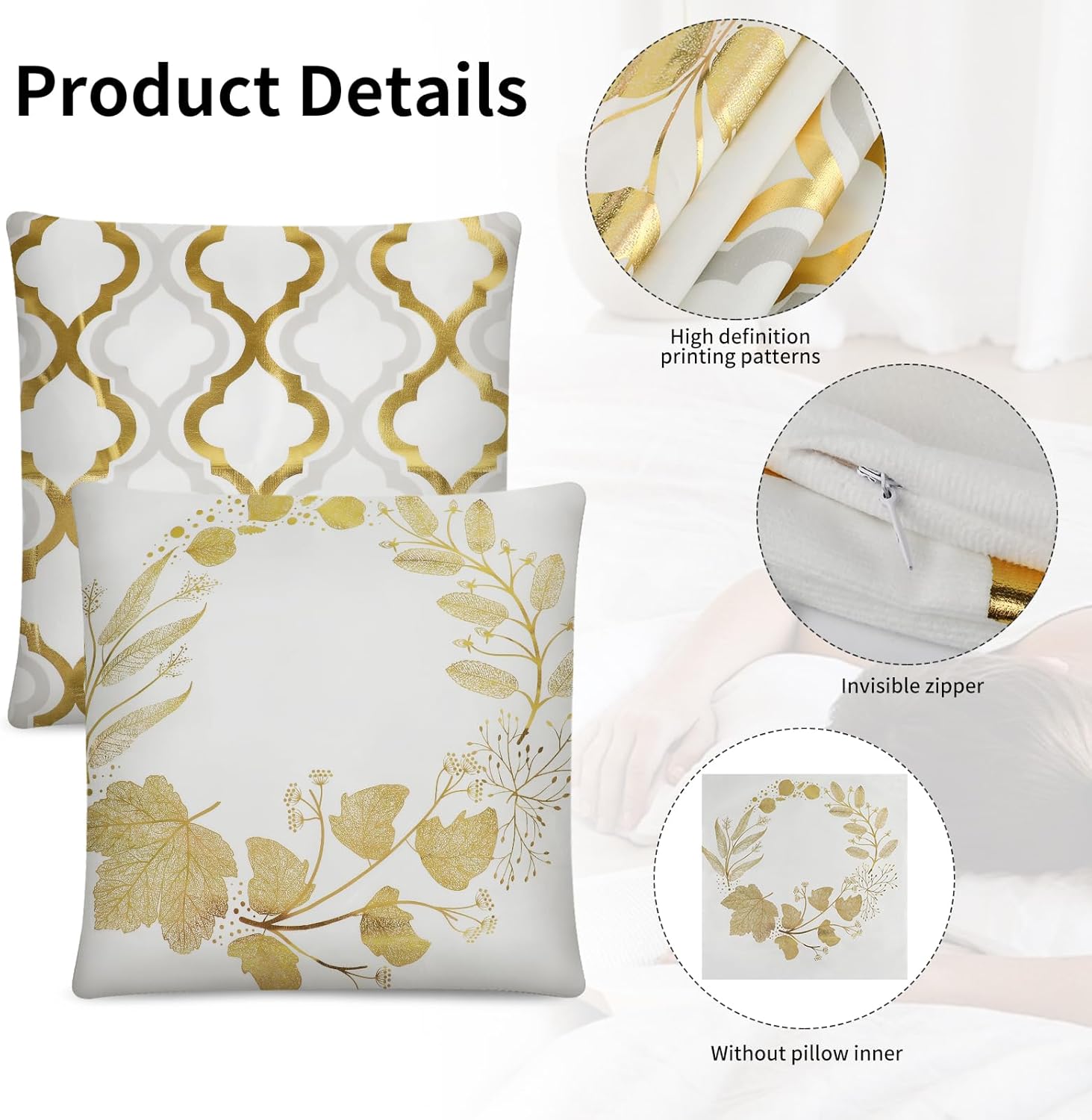 Set of 4 White and Gold Foil Geometric Throw Pillow Covers 18x18 Inches,Short Plush Fabric Cushion Cases with Minimalist Floral and Leaf Design for Couch Sofa Bed and Modern Home Decor - Image 3