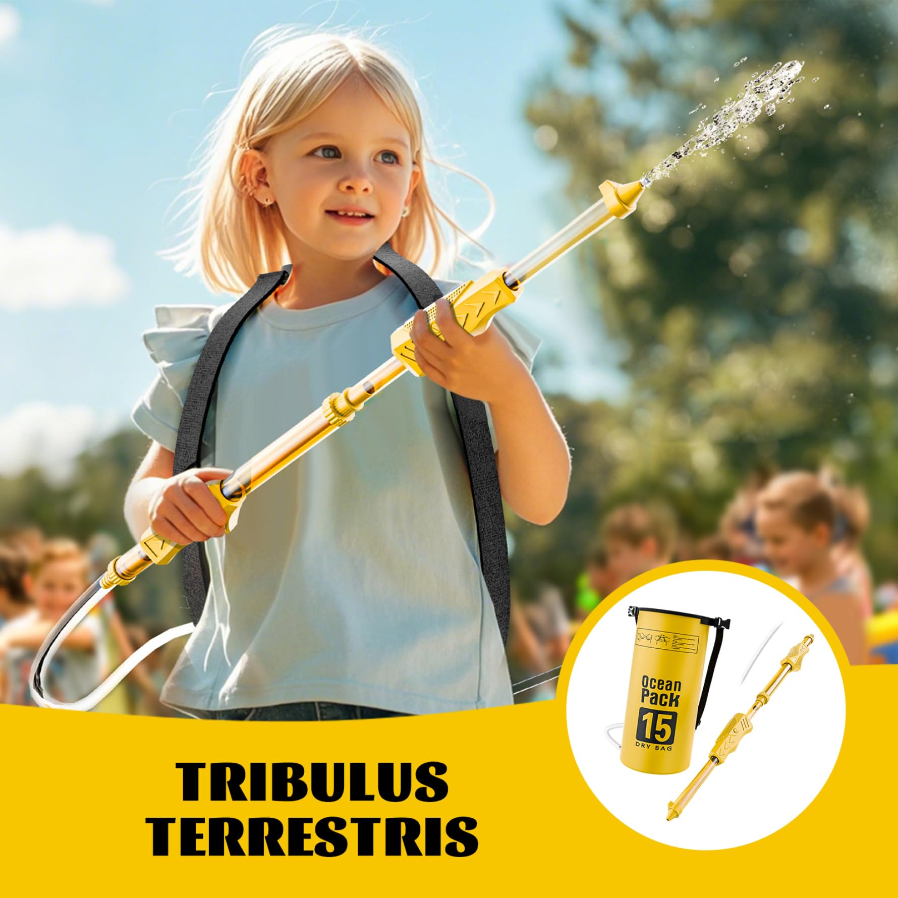 Pistola de Agua con Tanque Mochila 15L, Pulverización de Larga Distancia, PVC Amarillo para Exteriores