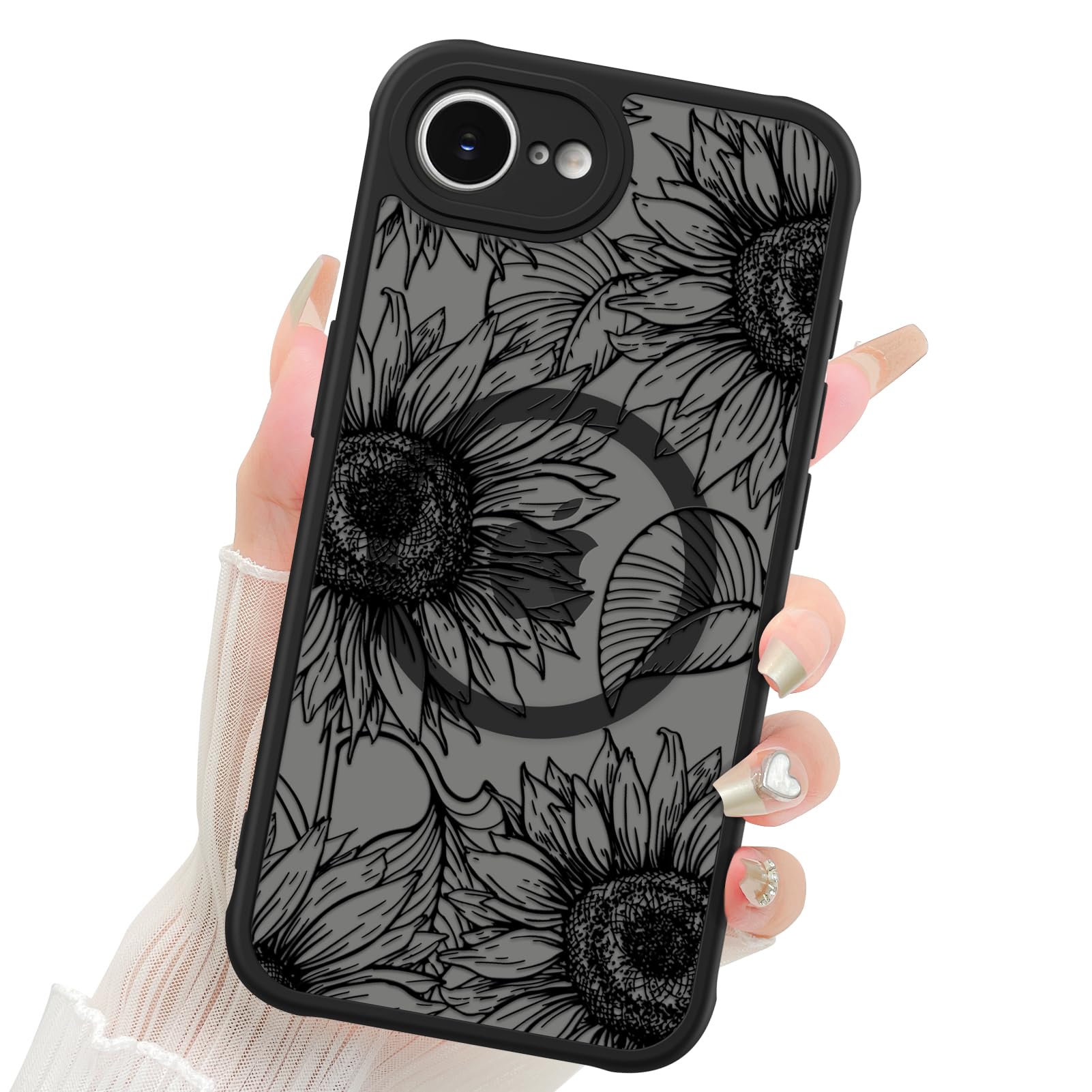 Fiyart Designed for iPhone 16e Case Matte Flowers Design Compatible with MagSafe Wireless Charging,Cute Sunflowers Anti-Scratch Translucent Phone