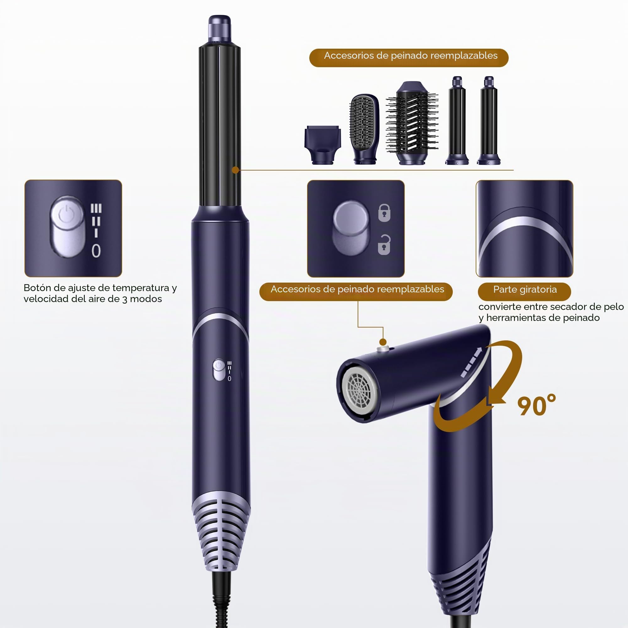 UKLISS 5 en 1 Airstyler con 60.000 rpm secador de pelo multifuncional de aire caliente rulos redondo cepillo de aire caliente cepillo de aire caliente cepillo de pelo cepillo rizador pelo cepillo pelo