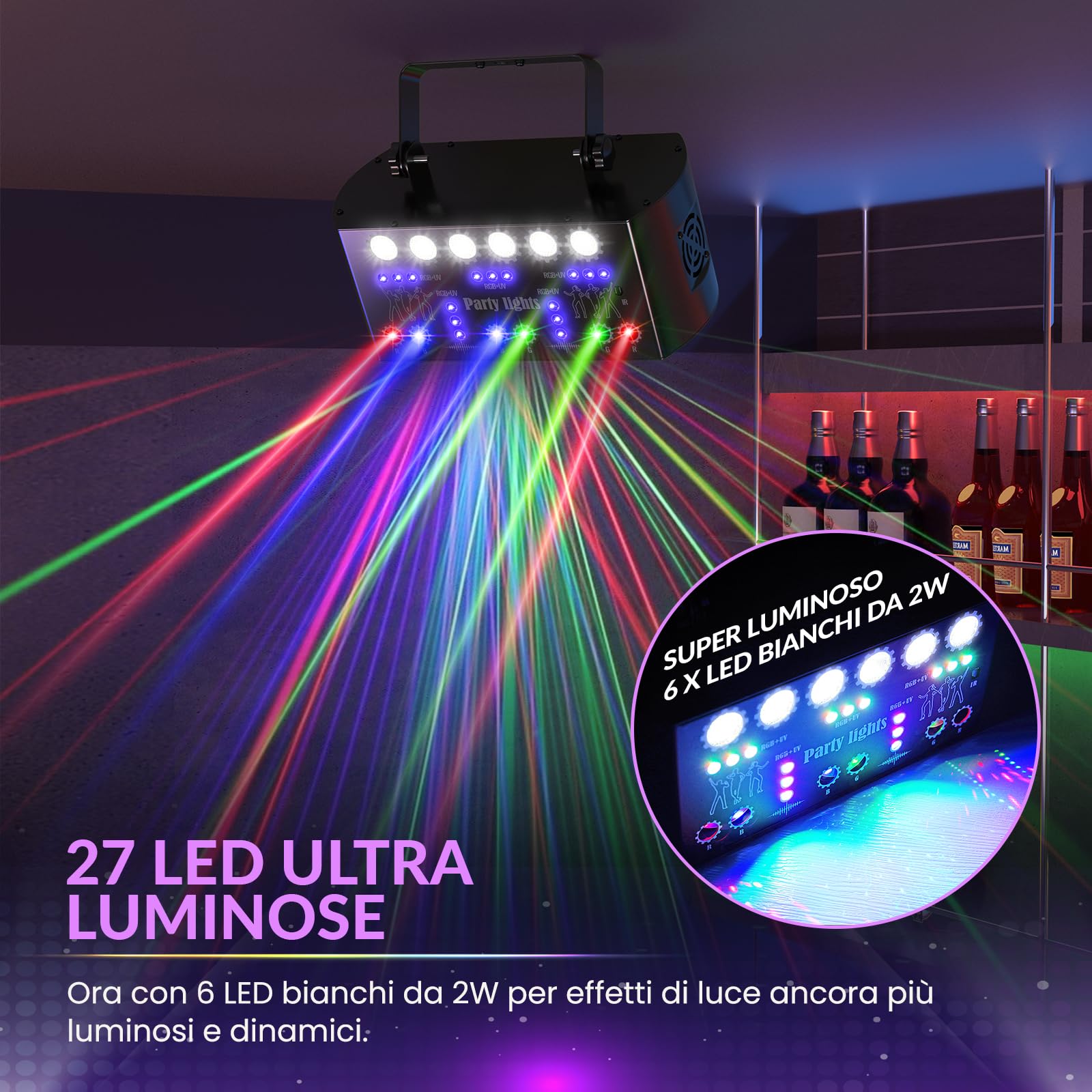Luci Discoteca DJ RGBW & UV con DMX, Telecomando, 3 Velocità Motore, 4 Modi Stroboscopici, Proiettore Laser per Party, Disco e Decorazioni per Feste