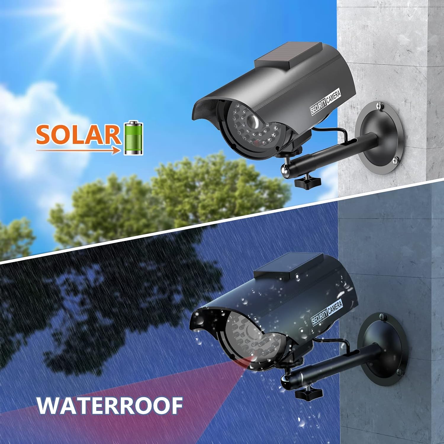 WALI Solar Powered Bullet Dummy Fake Simulated Surveillance Security CCTV Dome Camera Indoor Outdoor with 1 LED Light, Security Alert Sticker Decal (SOLTC-B4), 4 Packs, Black