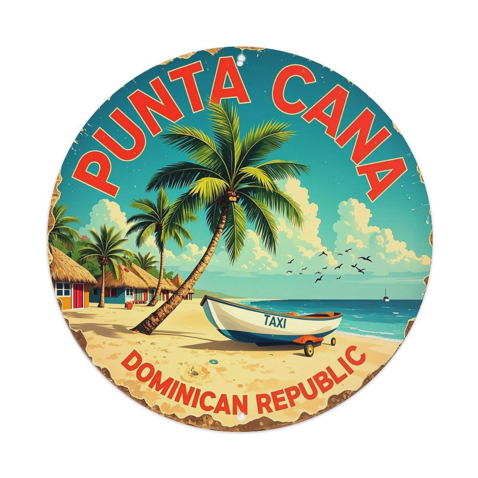 Tropical Beach Scene With Palm Trees And Boat Retro Metal Sign Round Tin Sign, Vintage Decor Art Poster for Bar, Home, Man Cave, Kitchen, Laundry Room Gift 8x8Inch