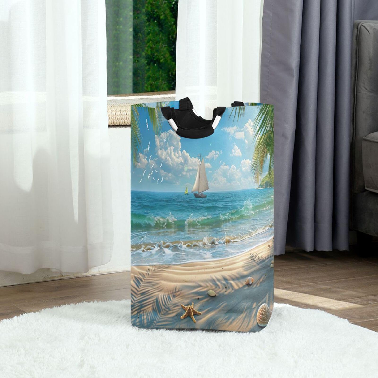 Jihqo Laundry Hamper Basket Clear Summer Beach Collapsible Nursery Storage Bin Waterproof Clothing Baskets for Home Bedroom Bathroom Washing Room