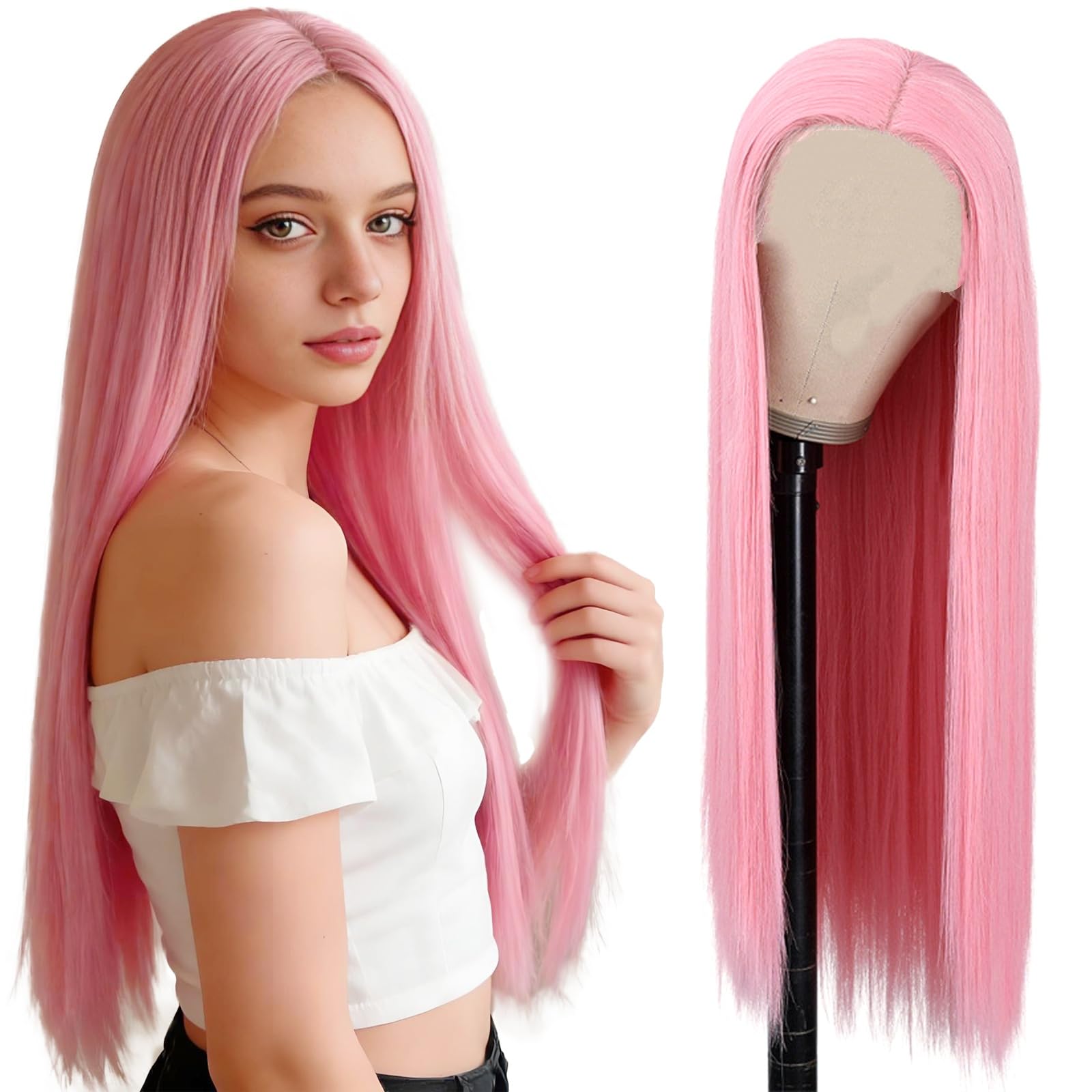 28 Pollice/70CM Lungo Lisci Parrucche Donna, Lunga Lisci Parte Centrale Rosa Parrucca, Alto-temperatura Fibra Ordinario Parrucche, Parrucca Partito Halloween Parrucche