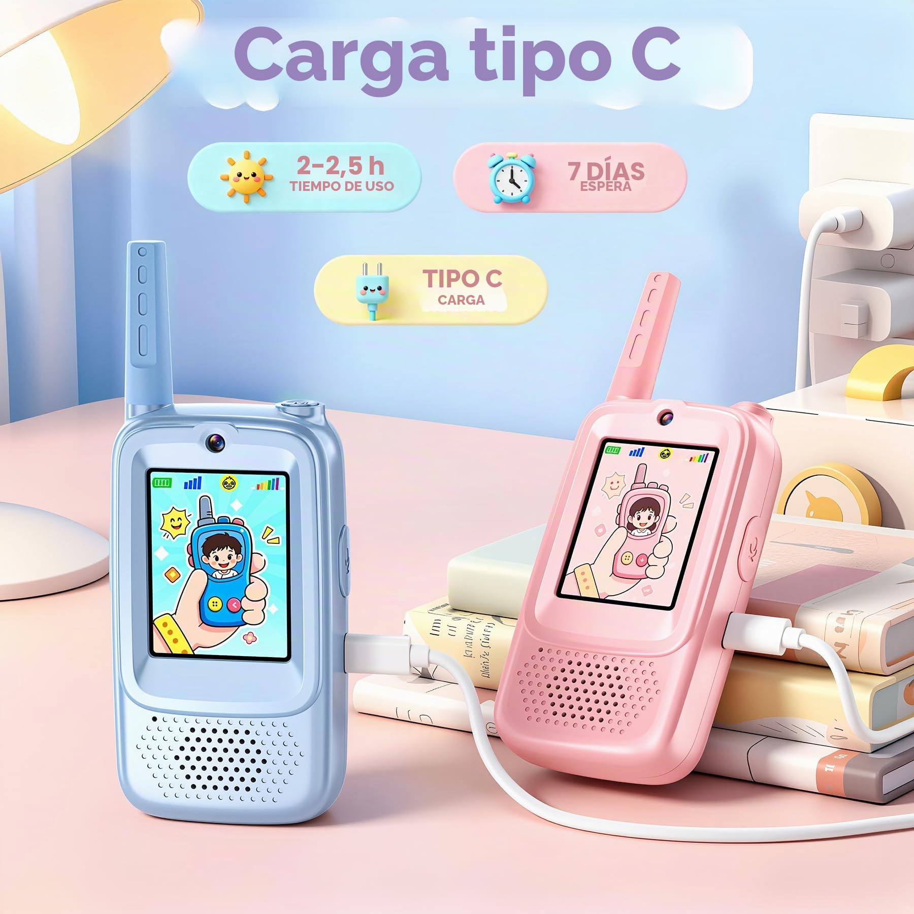 Pourbibi Walkie Talkie Niños Recargable,Walkie-Talkies con Pantalla, Alcance de 400 Metros y 4 Efectos de Voz, Juguete para Niños de 3 a 12 Años, Ideal para Exteriores y Acampadas, Alto Rendimiento.