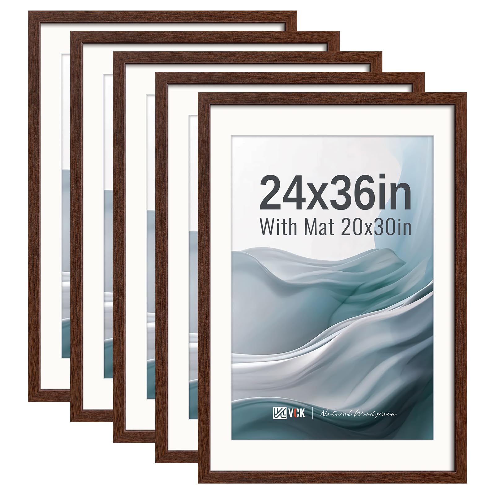 VCK 24x36 Frame 5 Pack, Brown Exclusive Wood, 20x30 Mat, for Picture