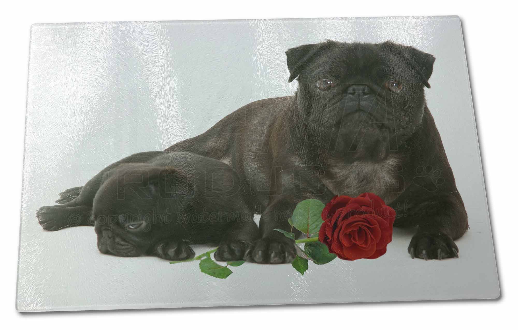 Advanta Group Black Pug Dogs with Red Rose X Large Glass Cutting Chopping Board