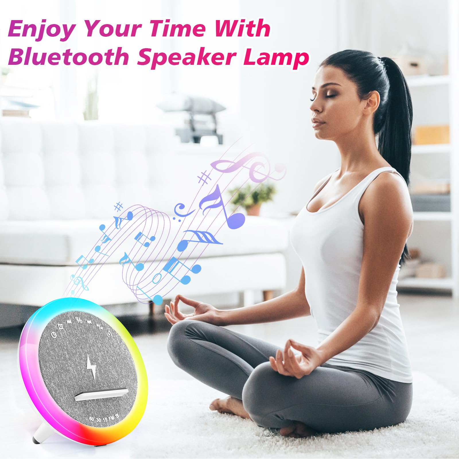 Lampe chargeur sans fil, Réveil avec chargeur à induction, Haut-parleur Bluetooth éclairage ambiant synchronisé avec la musique, Réveil numérique, pour lit/salon