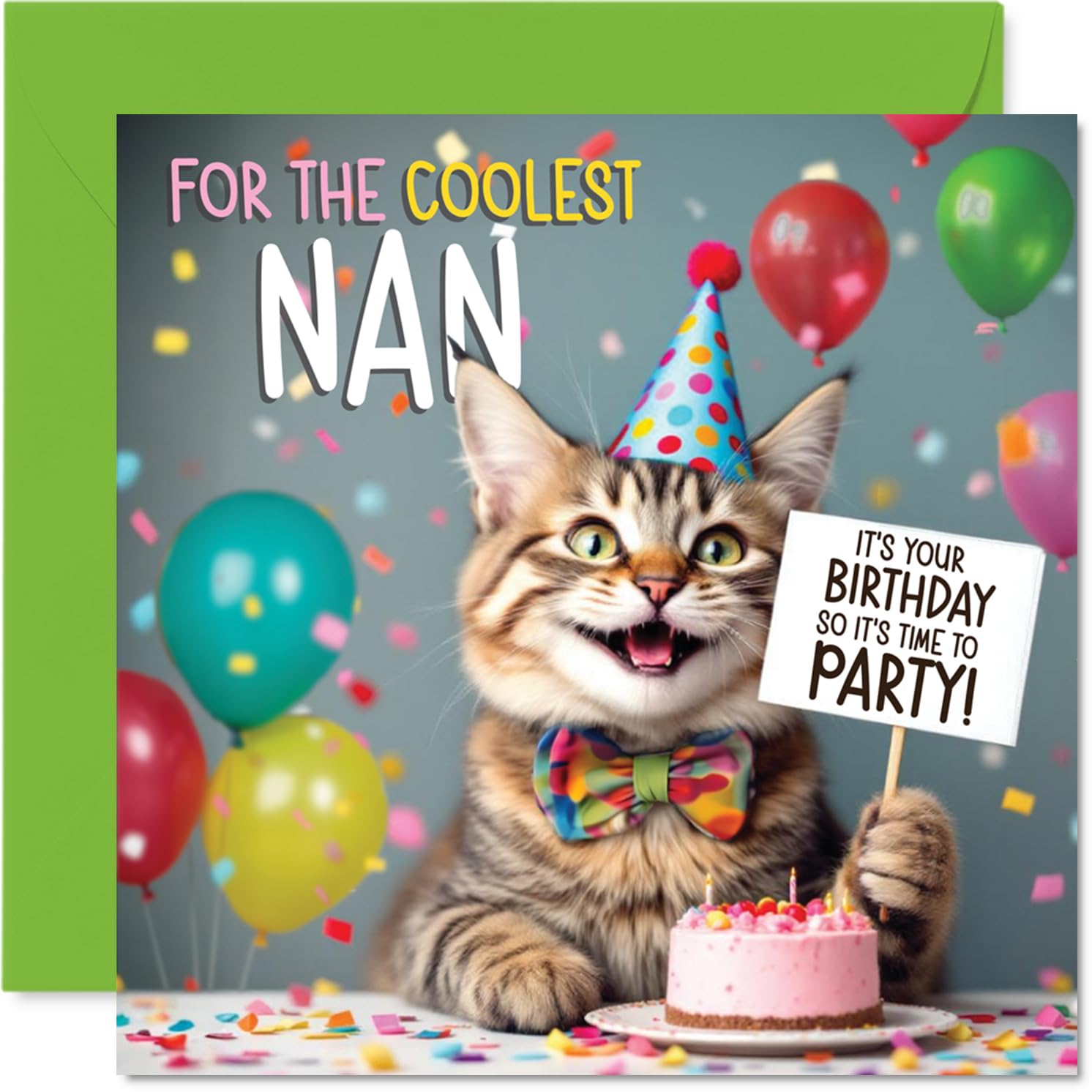 Nan Birthday Card - Party Cat - Happy Birthday Card for Nan from Grandson Granddaughter, 145mm Celebration Cat Bday Greeting Cards