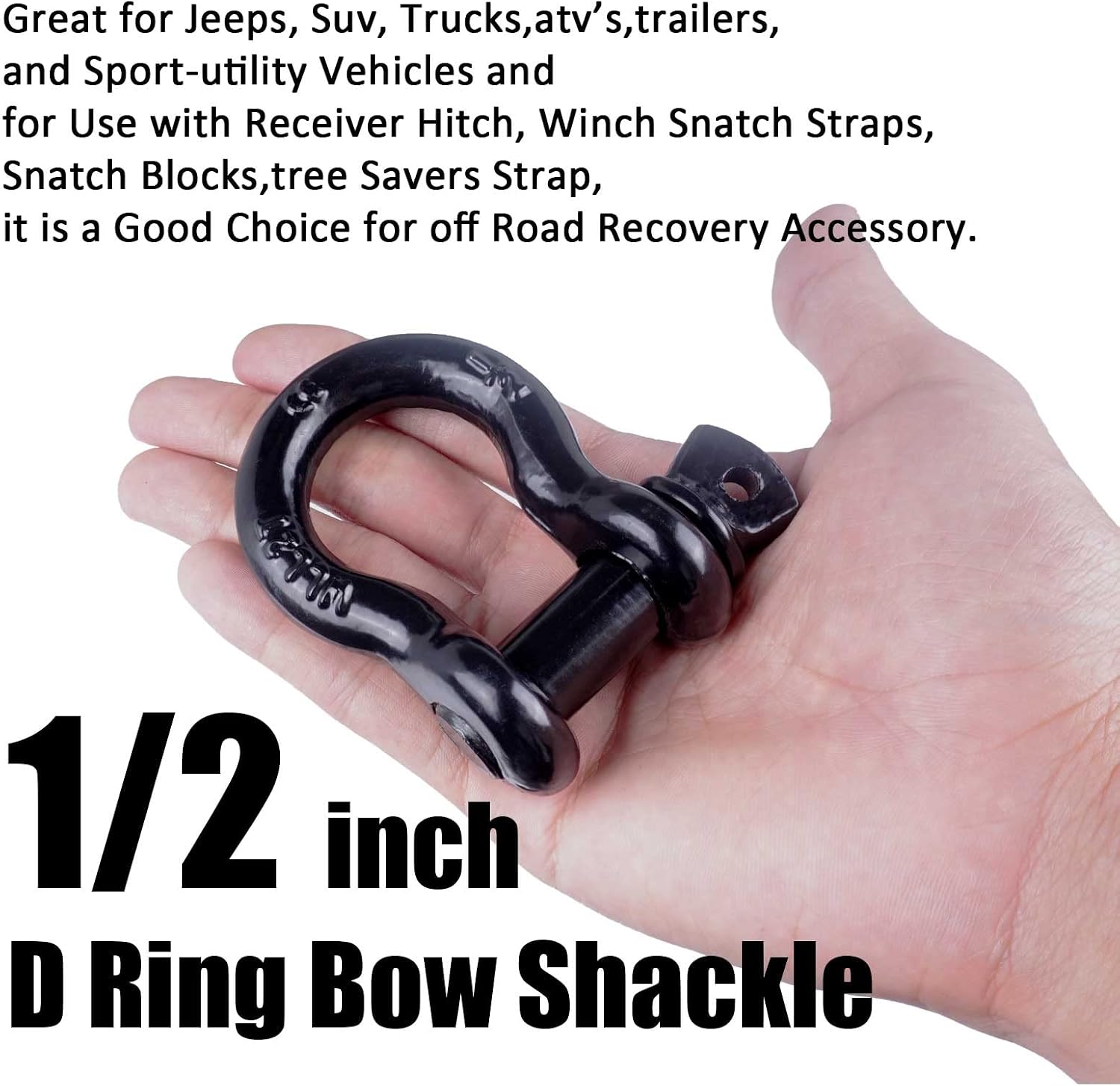 1/2" D Ring Shackle,Bow Shackle with Screw Pin Clevis, 2 ton Working Load Limit,Tow Strap Hooks,for Most Vehicles with D-Ring mounts Such as Jeeps, ATV's, Trucks, Trailers(4 Pack)