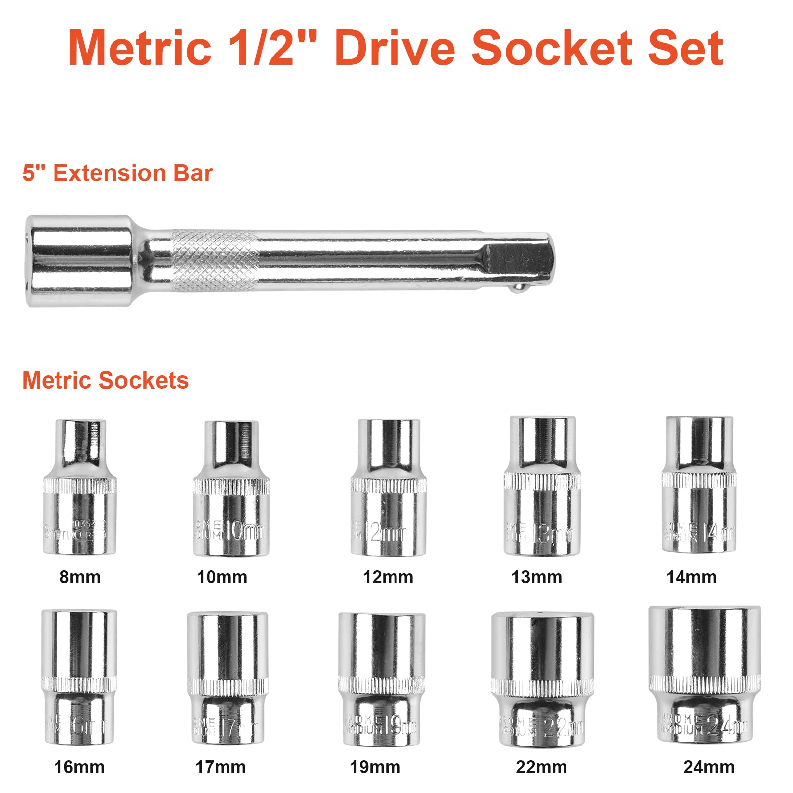 Metrisches Steckschlüssel-Set 12-teilig – 1/2 Zoll Antrieb, 10–24 Mm, Inkl. Ratsche & Verlängerung