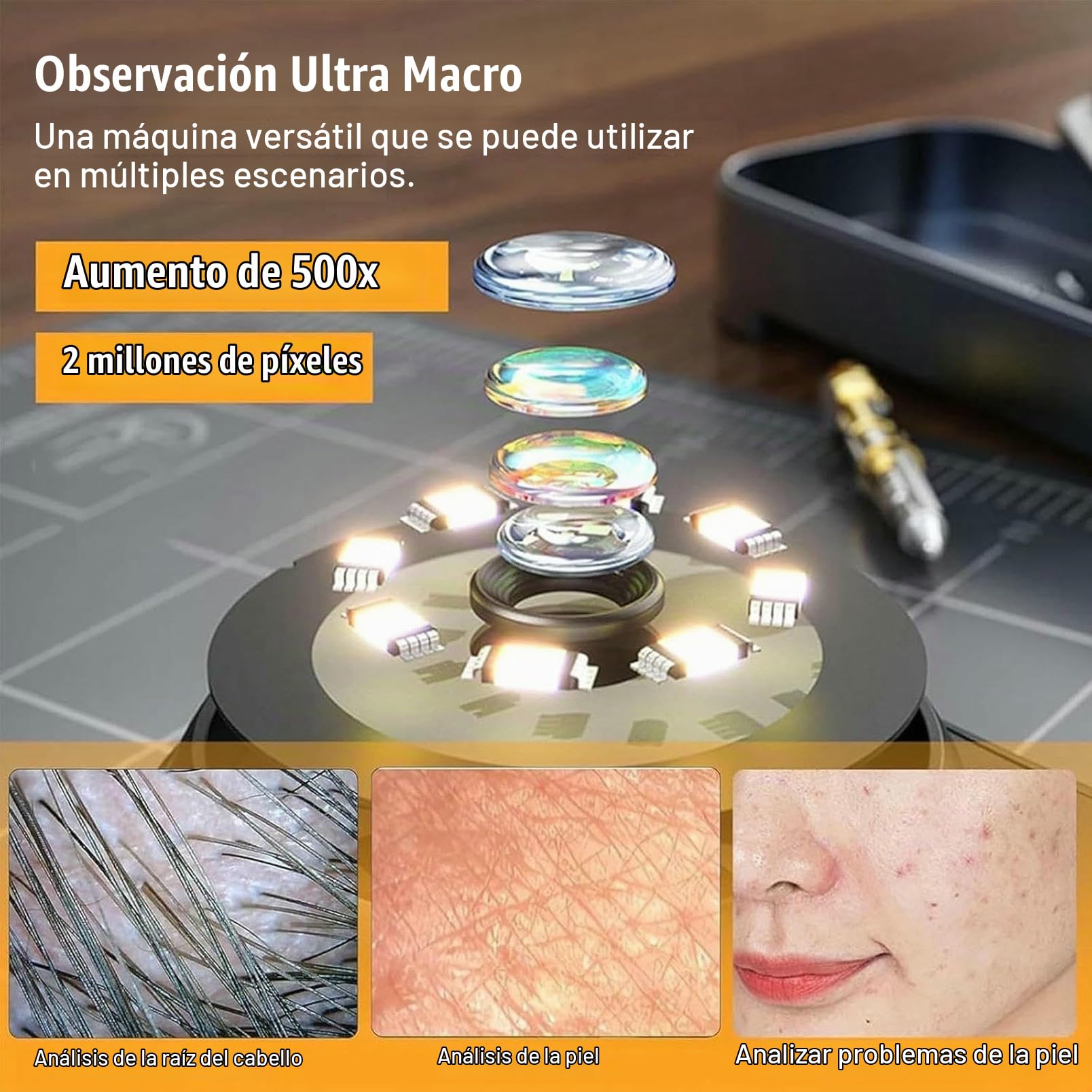 Dermatoscopio Profesional Y Microscopio Digital 2 En 1 |Pantalla IPS De 2", Zoom De 500X, Lente HD, Enfoque Fijo para Una Observación Precisa De La Piel