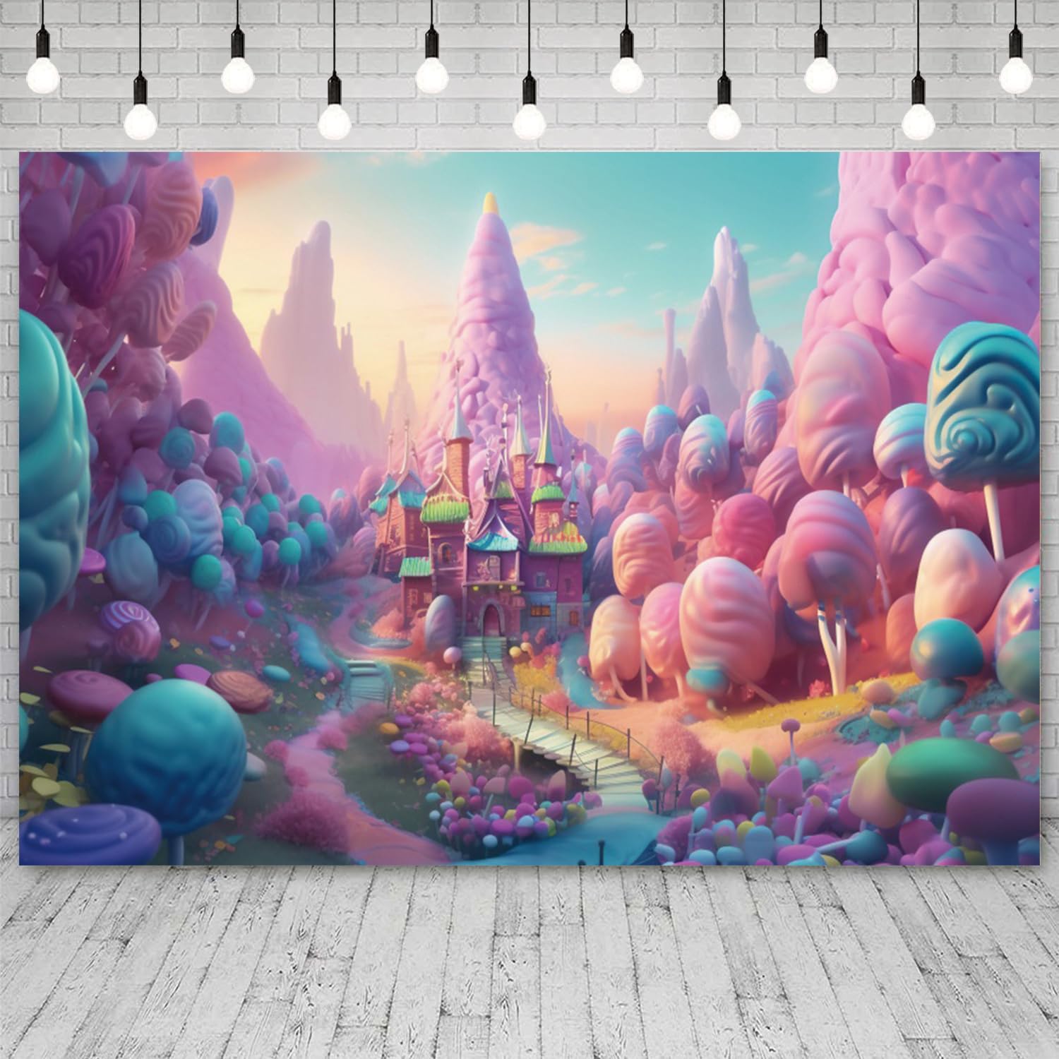 Candyland Fondale Fantasy Candy Castle Fotografia Sfondo Dolce Lollipop Sogno Cielo Blu Cartone Animato Bambini Compleanno Banner Decorazioni Baby Shower Neonato Ritratto Photo Booth Prop