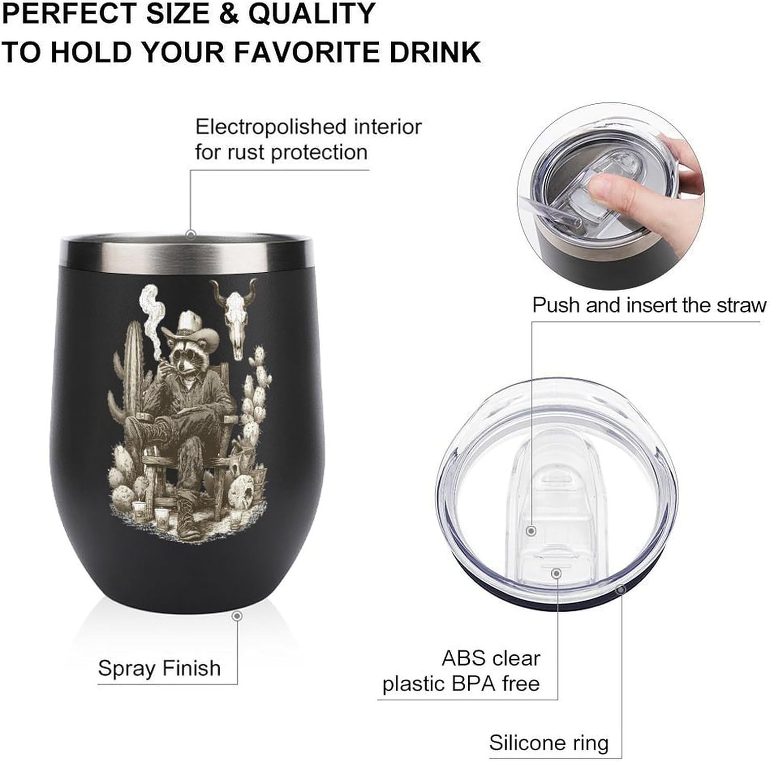 Raccoon West Cowboys Insulated Drinking Cup Stainless Steel Coffee Mug Wine Tumbler with Lid 12OZ