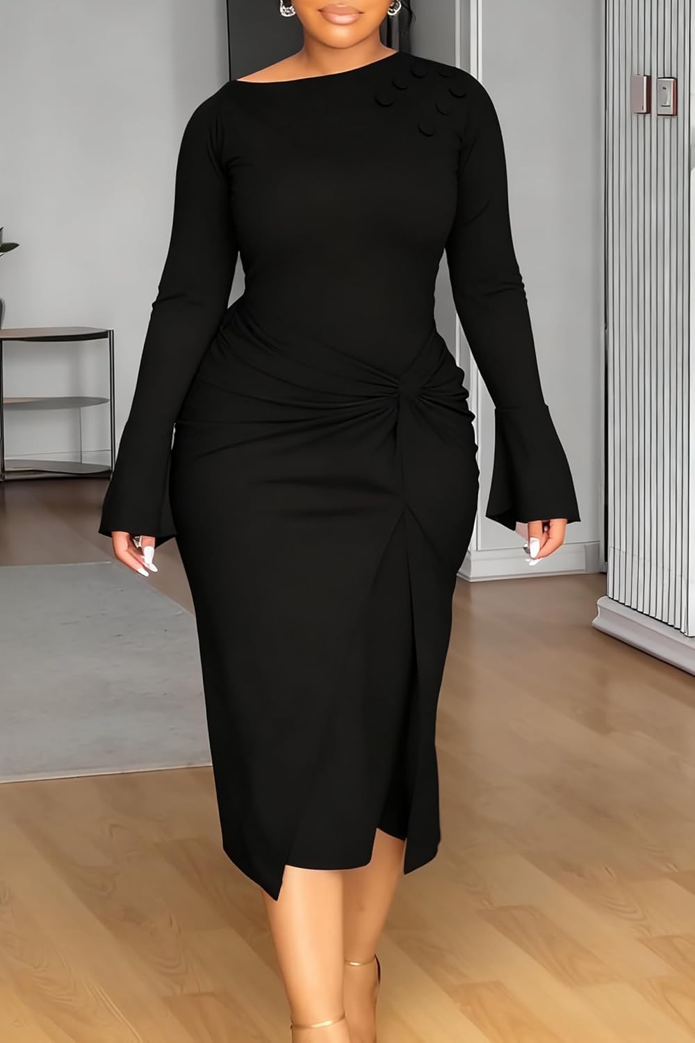 Twist Front Wrap Long Sleeve Dress for Women Button Decoration Ruched Midi Party Dresses - Image 2