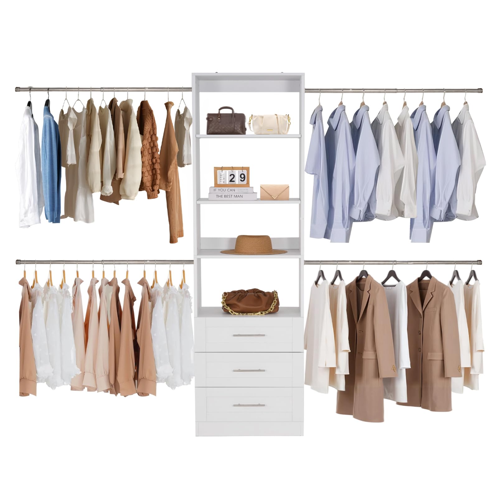 VEVOR Système de Placard avec 3 tiroirs, système d'organisation de Placard en Bois à Hauteur réglable, Porte-vêtements avec 4 tringles à vêtements rétractables, pour Rangement de Chambre, Blanc
