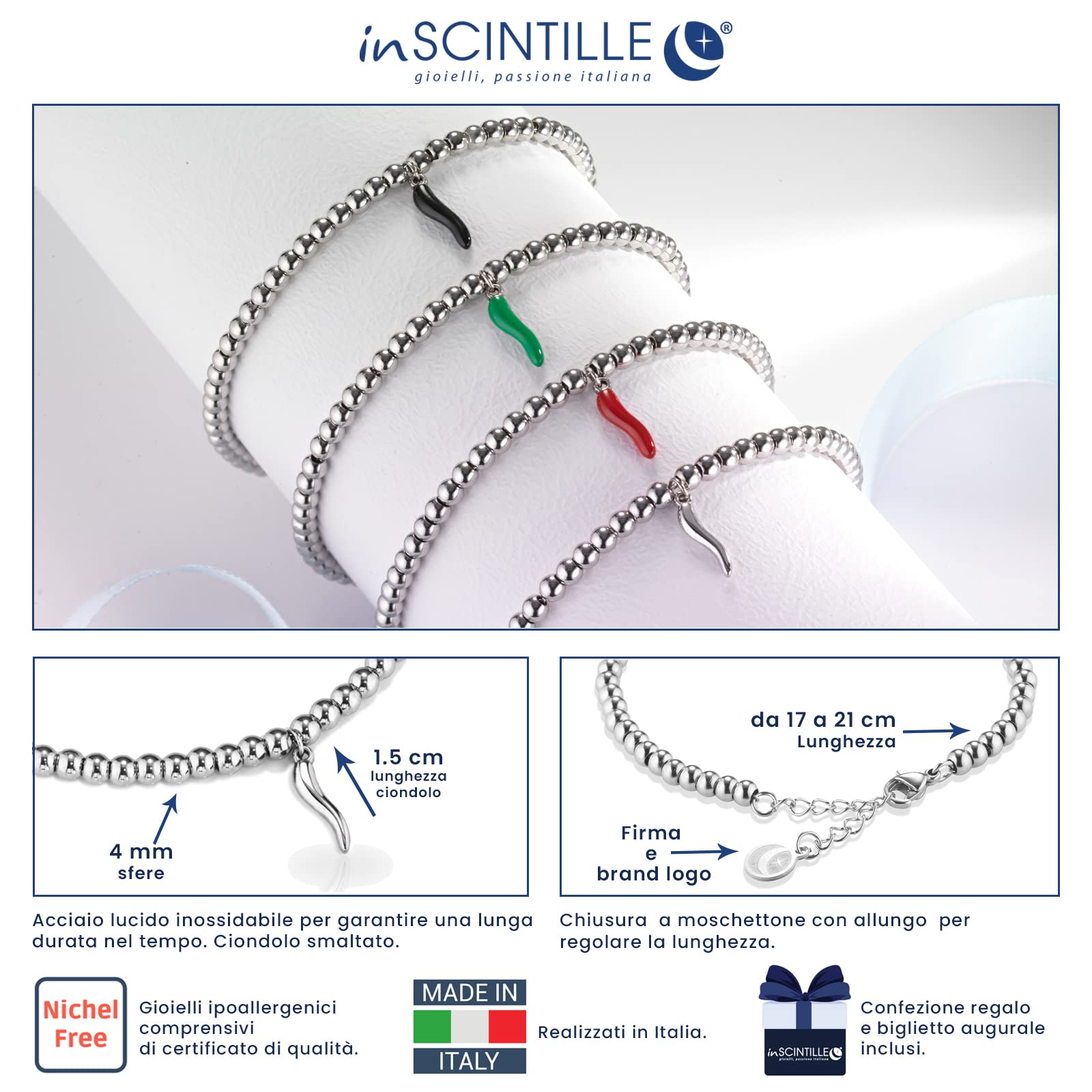 inSCINTILLE Corni Bracciale Donna Acciaio Inossidabile con Corno Peperoncino Portafortuna, Braccialetto Uomo Sfere in Acciaio Inossidabile