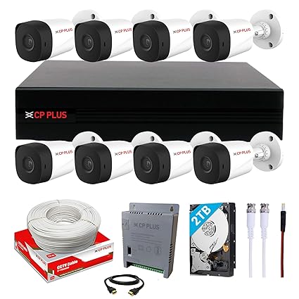 CP PLUS Full HD 8 Channel DVR with 8X 5 MP Outdoor Cameras, Built-in Audio Mic, Motion Detection, 2TB HDD, 8 Ch SMPS, CCTV Cables, HDMI+BNC/DC Set - White