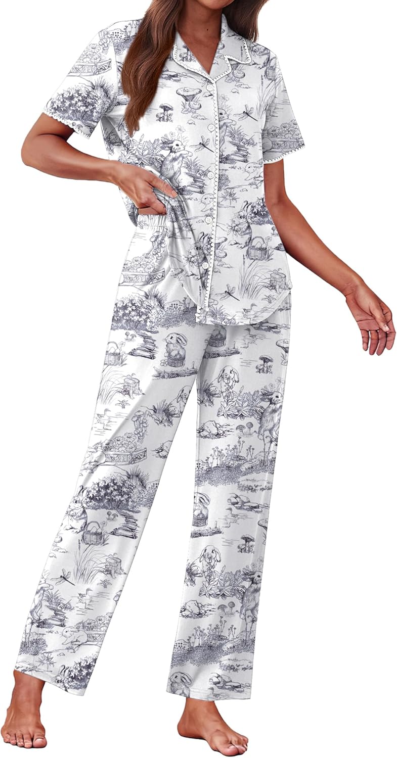 Ekouaer Women's Pajama Sets Button Down Loungewear Short Sleeve Sleepwear 2 Piece Pants Pjs Set with Pockets S-XXL
