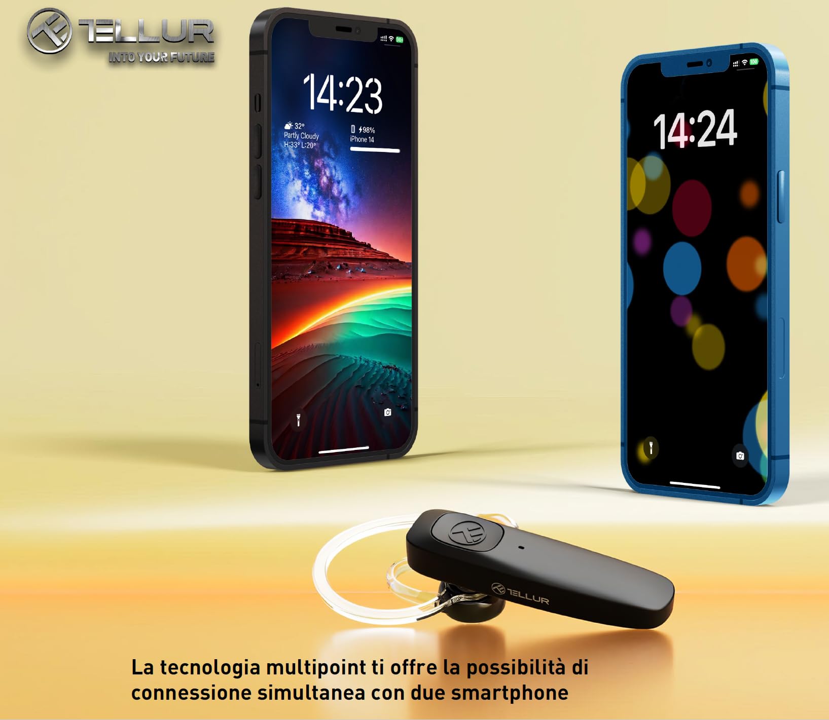 TELLUR VOX 155 Auricolare Bluetooth, Auricolare Vivavoce USB-C, Multipunto Due Dispositivi Simultanei, HD Voice Due Microfoni per la Soppressione del Rumore, Gancio a 360° per Destro o Sinistro