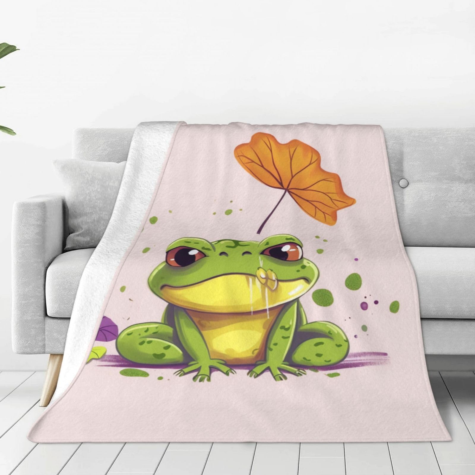 Leaves and Frog Throw Blanket for Couch, Plush Fuzzy Soft Flannel Blankets and Throws for Sofa, 50"x40" Bed Blankets for Travel Camping Chair, All Season Warm Fleece Blanket