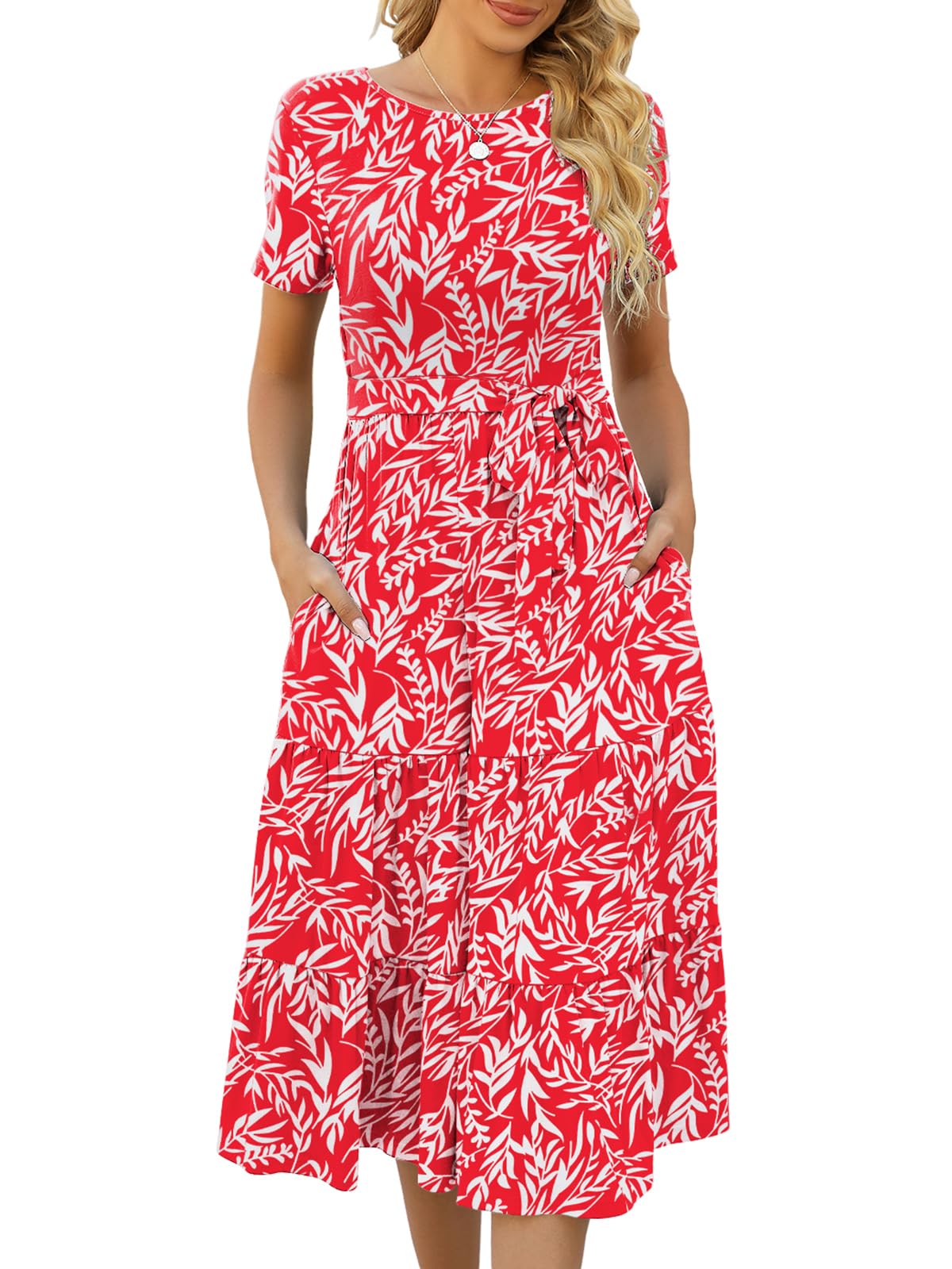 Lyrur Women's Summer Casual Short Sleeve Modest Teacher Church Midi Dress | Crew Neck, Tie Waist, Side Pockets, Flowy A-Line Fit for School Work Outfits for Educators, Office, Classroom and Daily Wear