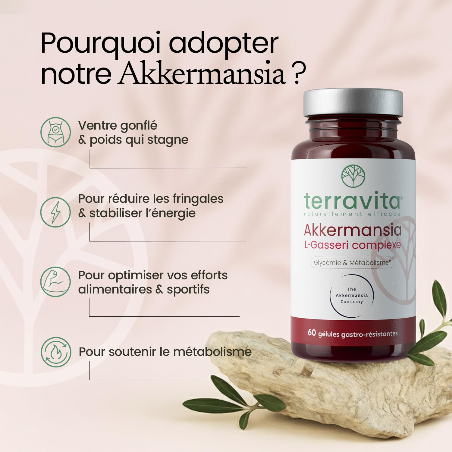 Akkermansia MucT® 30 Milliards + L. Gasseri 10 Milliards | Avec Vitamine B1 et Chrome | Régulation Glycémie + Digestion + Satiété | 60 Gélules | Made in France | Terravita