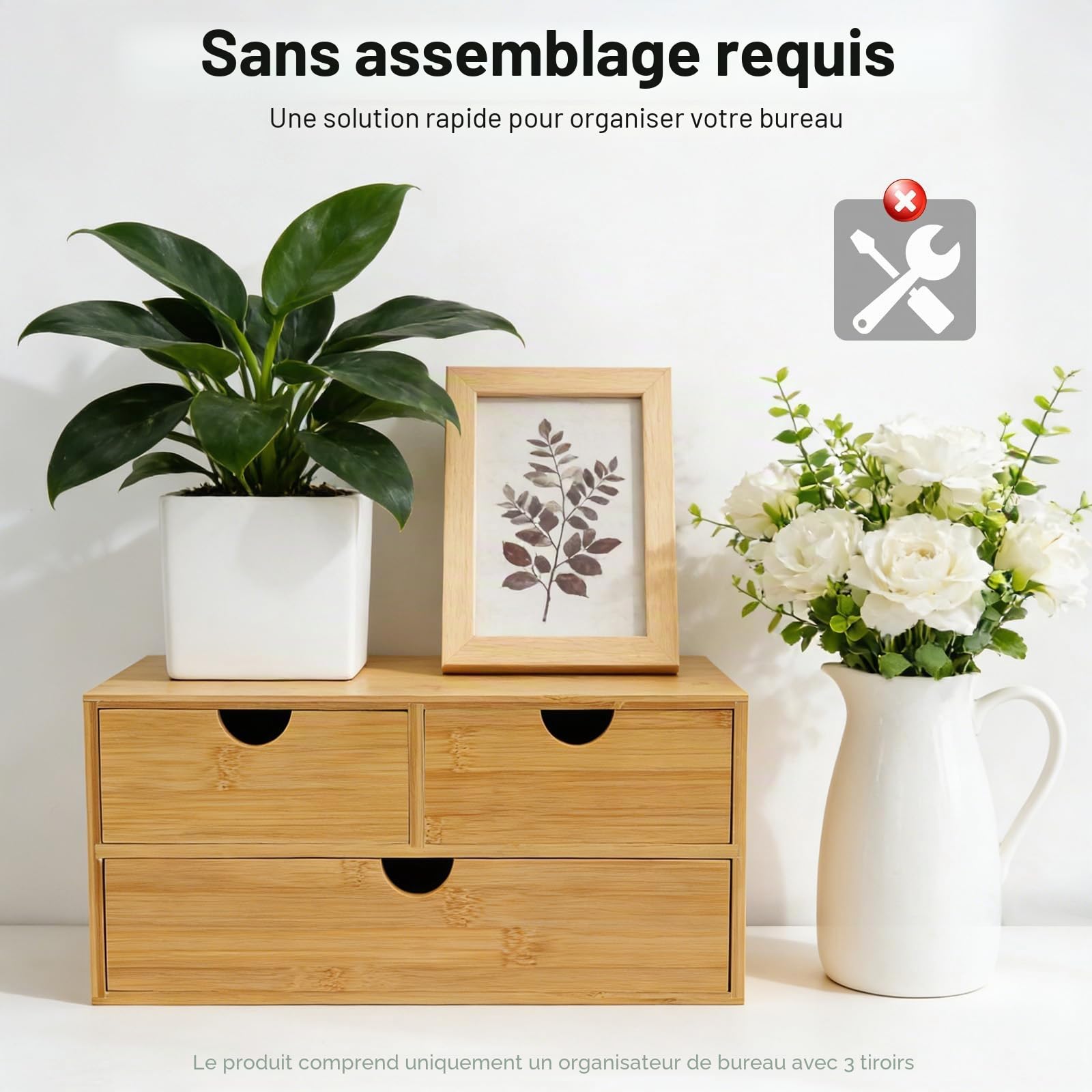 Organiseur de bureau en bambou avec tiroirs - Mini commode en bambou - Design monobloc - Boîte à maquillage avec 3 tiroirs - Pour bureau, salon et chambre à coucher