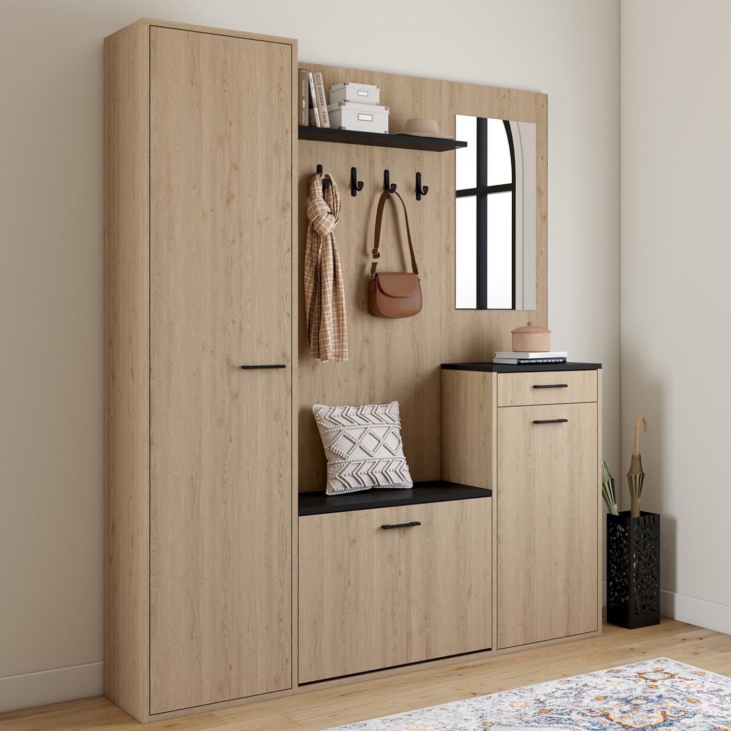 IDMarket – Armario de entrada para guardar zapatos con espejo y estantes MAHAUT XXL Maxi capacidad, efecto madera y negro