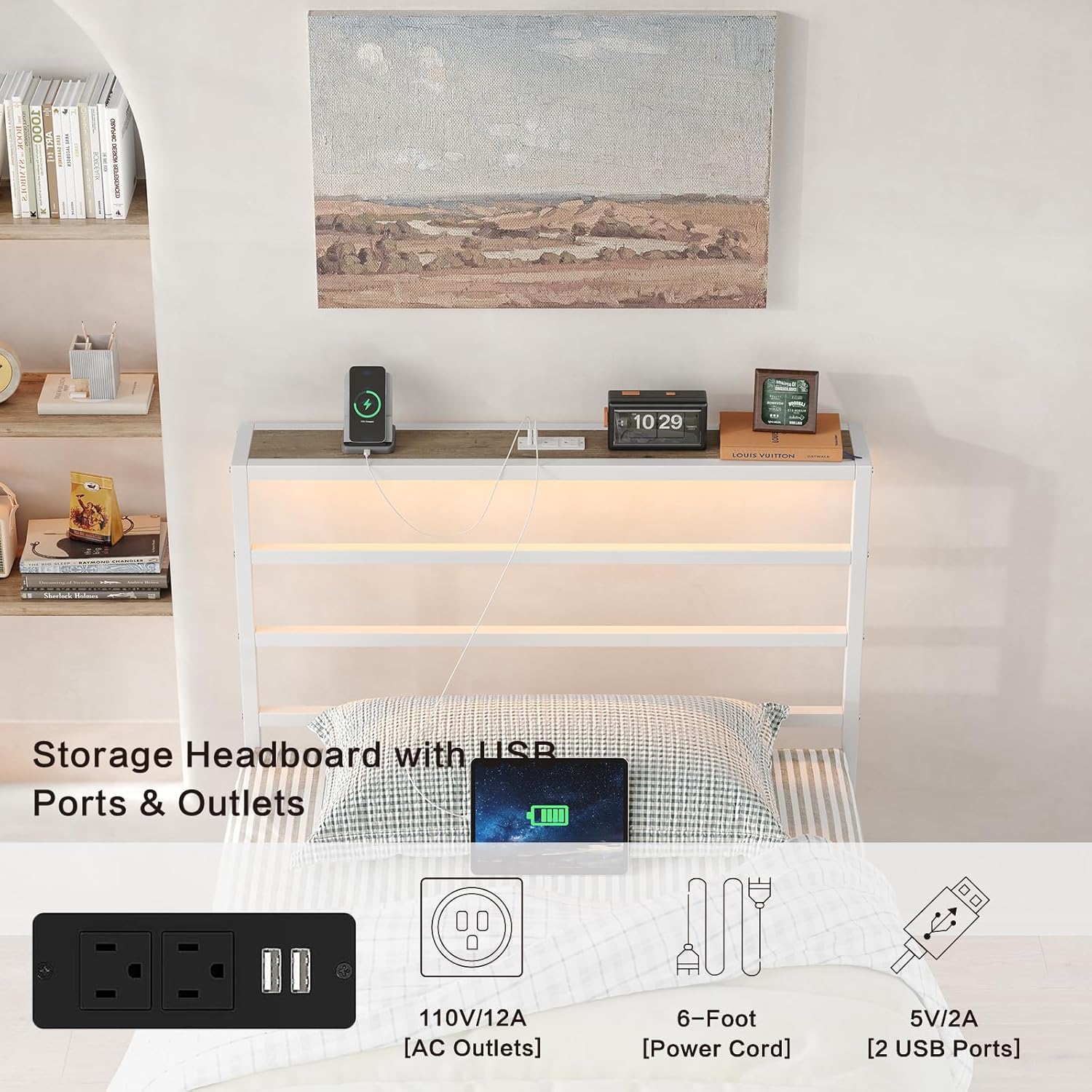 Close-up view of the headboard's integrated charging station with two USB ports and two AC outlets.