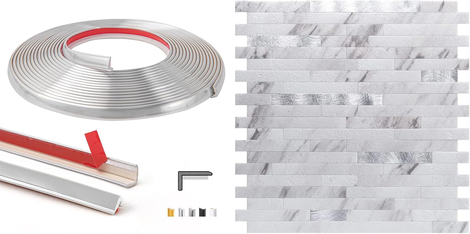 Art3d 20ft Outside Vinyl Corner Trim with Peel and Stick Backsplash PVC Wall Tile