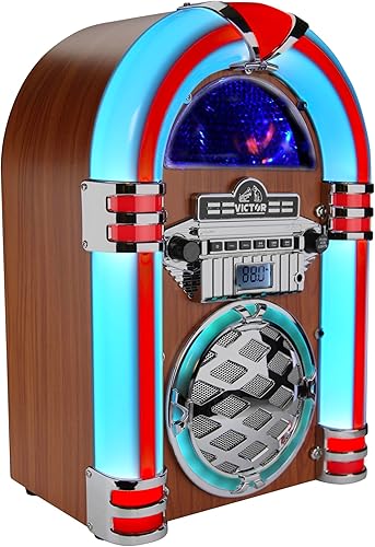 VICTOR Wilshire Jukebox Bluetooth de escritorio con radio FM, altavoz estéreo integrado e iluminación LED multicolor, caoba (VDTJ-1450-MH)