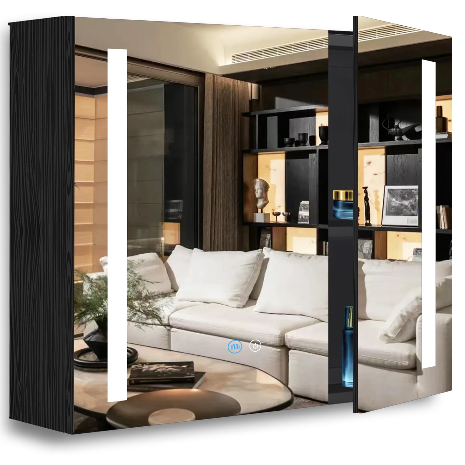 Espejo de botiquín de madera negra de 28 x 32 pulgadas con luces para baño, botiquín iluminado con luz de espejo, 3 colores regula