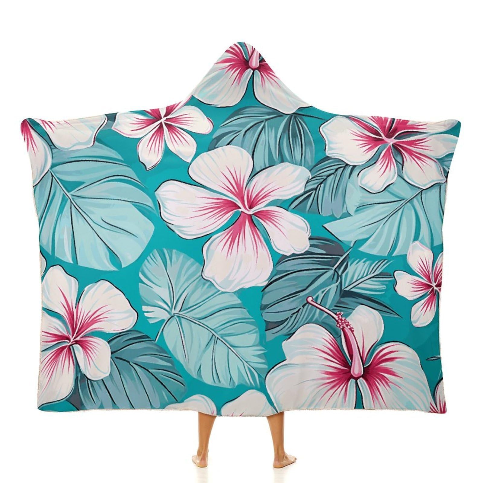 LDGSUPH Tropical Hibiscus Flowers Hooded Blanket Soft Wearable Blankets Cozy Hoodie Throw Cloak Wrap Poncho Cape Blanket 50"x60"
