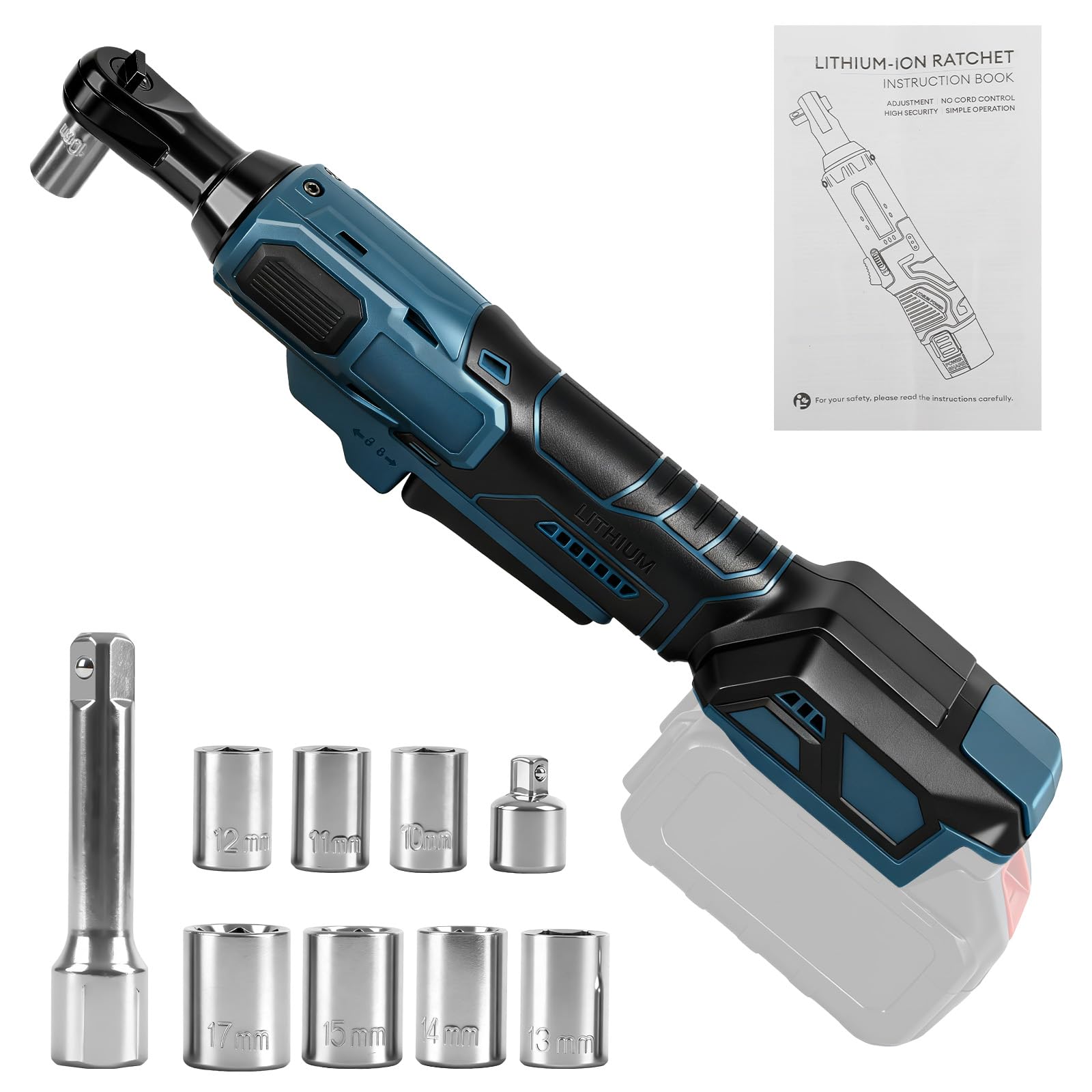 Roadtime Llave de carraca con batería de 3/8", compatible con batería Bosch B de 18 V (sin batería), 80 Nm, carraca eléctrica sin escobillas con adaptador de 1/4", barra de extensión y 7 llaves