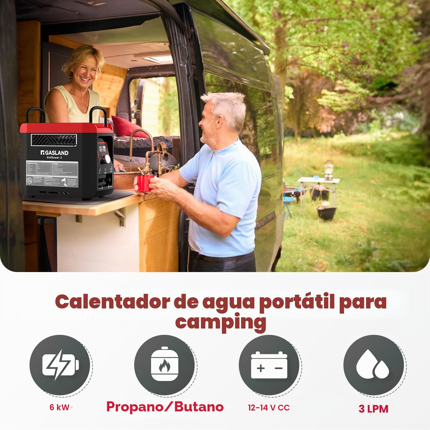 GASLAND Calentador de agua para exteriores, propano/butano (50 mbar) para exteriores, con batería recargable incorporada, ducha caliente para camping
