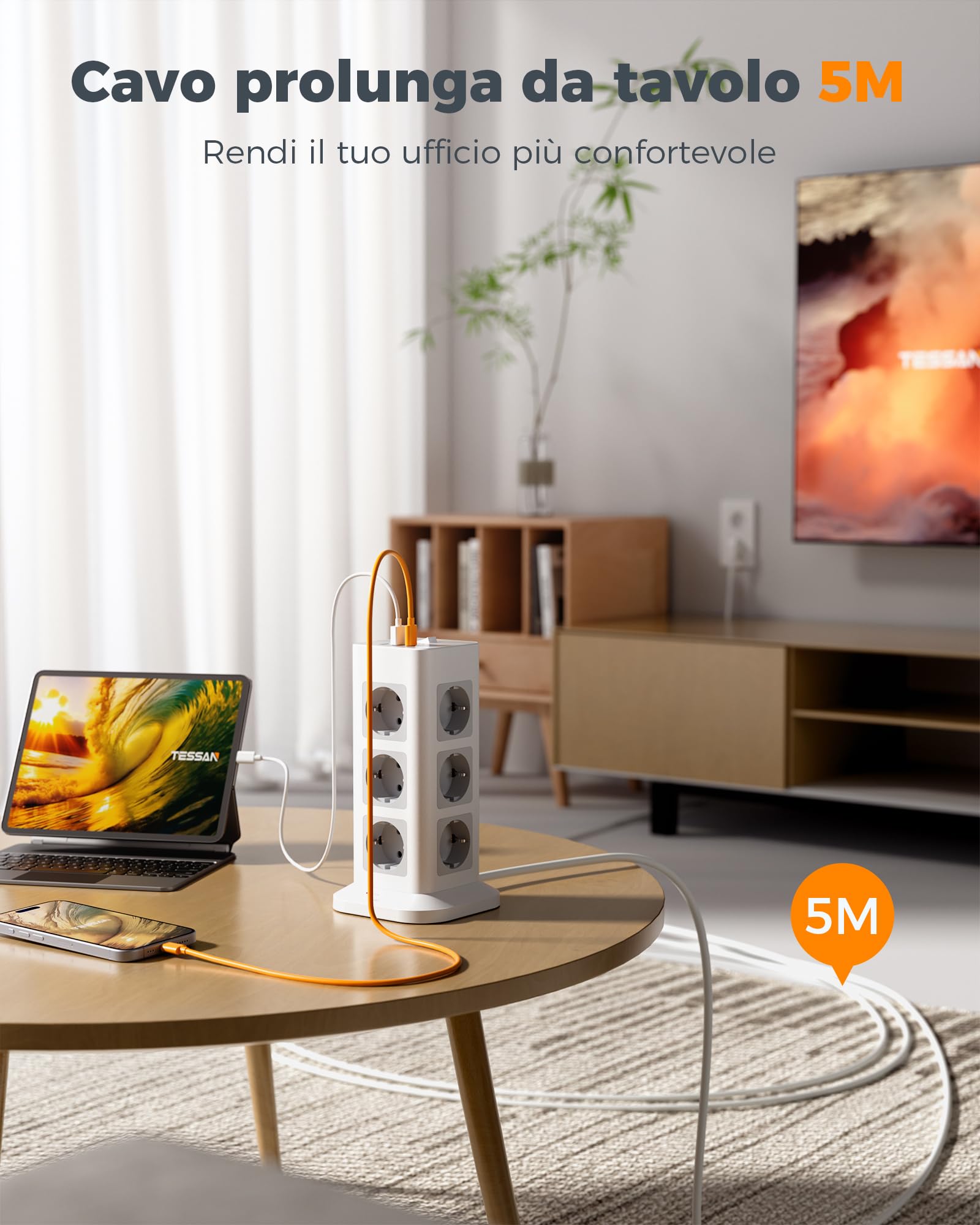 TESSAN 12 Prese Ciabatta Multipresa con USB, Multipresa Elettrica con Cavo 5M, Torretta Presa con USB C, Ciabatta Elettrica con Protezione Sovratensione