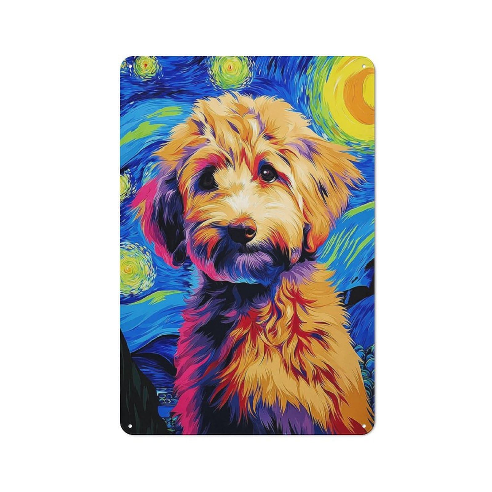 Junmoney Starry Night Pup Vibrant Artwork Retro Metal Sign 30X20cm For Living Room Or Hallway, For Kitchen, Dining Room And Home Bar Wall Decor