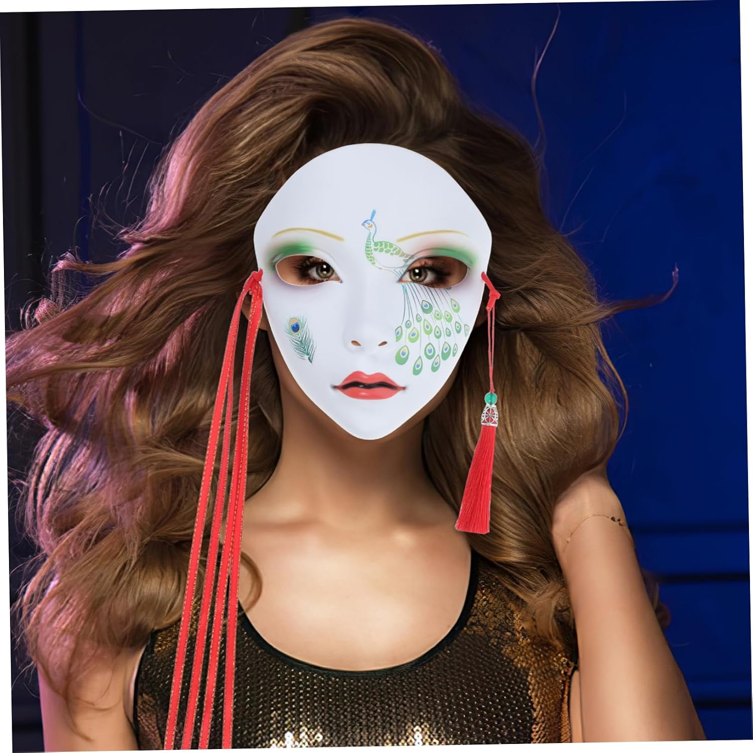 GARVALON Chinese Style Full Face Cosplay Mask with Tassel Elegant Decorative Stage Mask for Parties and Costumes for Festivals and Theatrical
