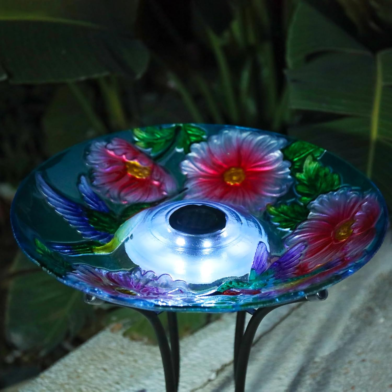 MUMTOP Outdoor Bird Bath, Large Glass Bird Baths Bowl with Metal Stand, Solar Hummingbirds Birdbaths for Outside Garden Lawn Yard Decor, 18”Dia 21.65”Height