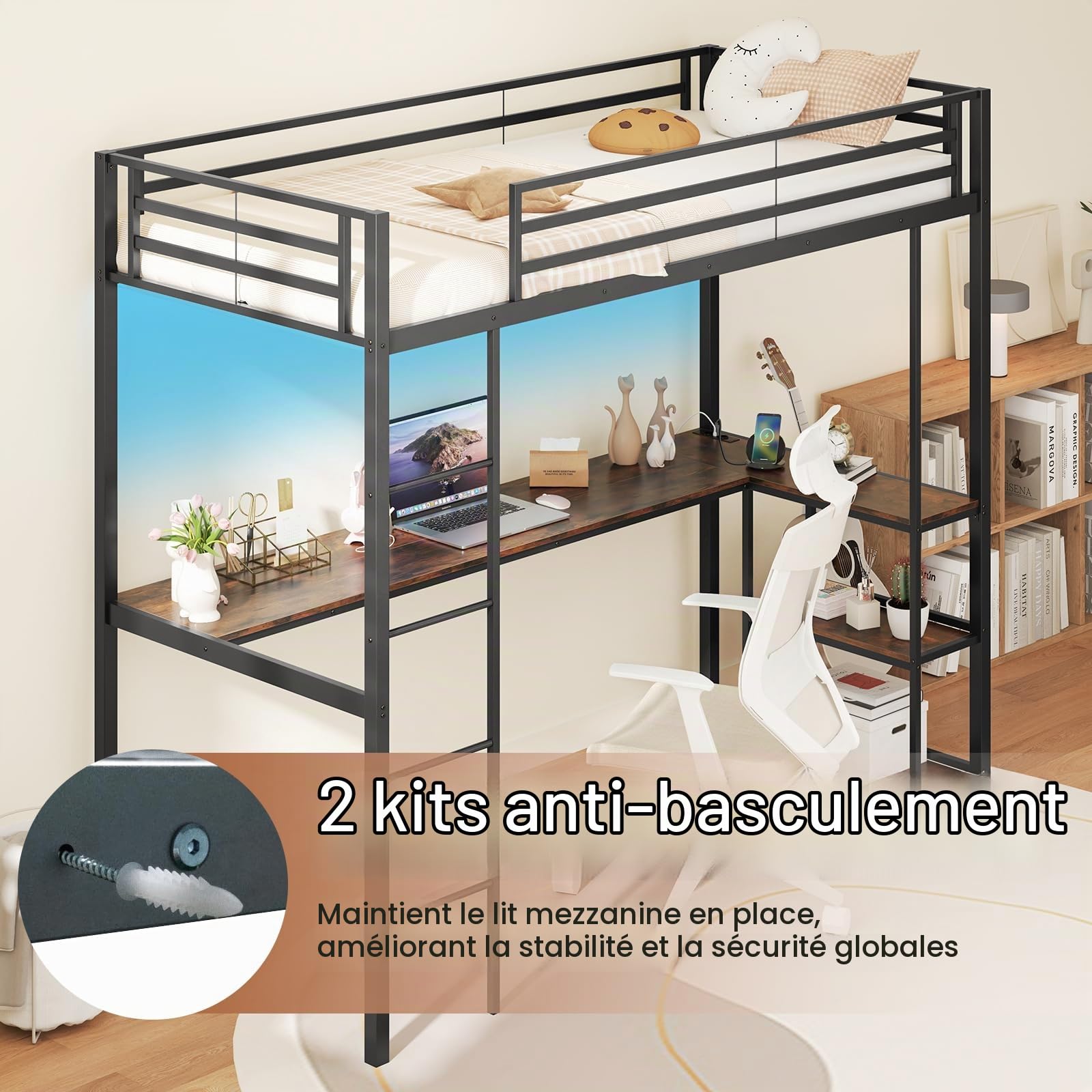 LIFEZEAL Lit Mezzanine 90x200 cm avec Bureau & 3 Etagères, Station de Recharge, Lumières LED, Lit Superposé 1 Place en Métal avec Barrière, pour Enfant, Adolescent, Charge 180 kg (Noir)