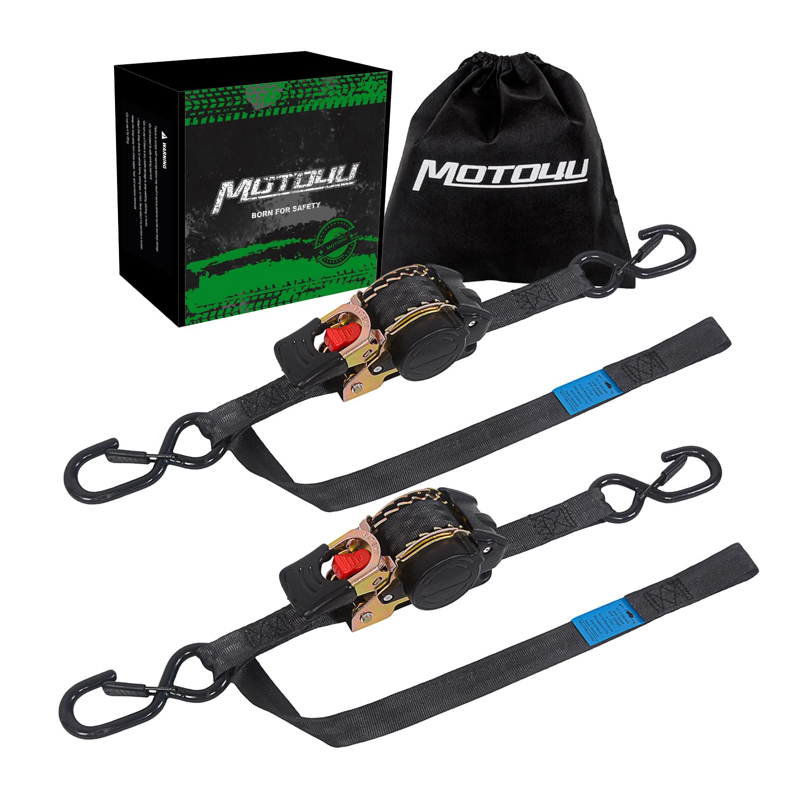 MOTO4U タイダウンベルト 2本組 自動巻き取り式 25mmx3m ダブルフックク ラチェットベルト ラッシングベルト ソフトループ内蔵 トラック、トレーラー、オートバイ用