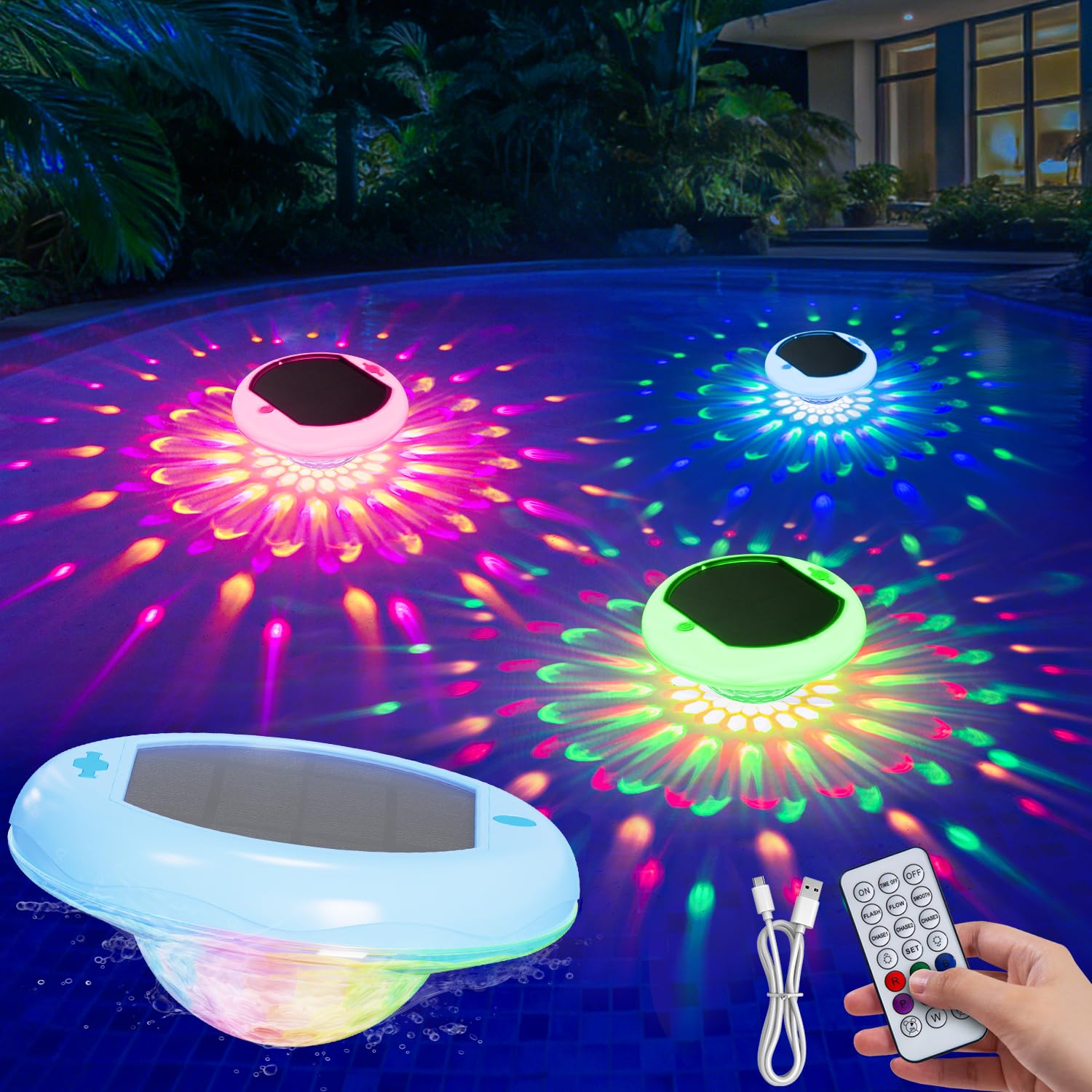 Floating Solar Pool Lights, 1 Pack, 6.7 Inch, 13 RGB Colors