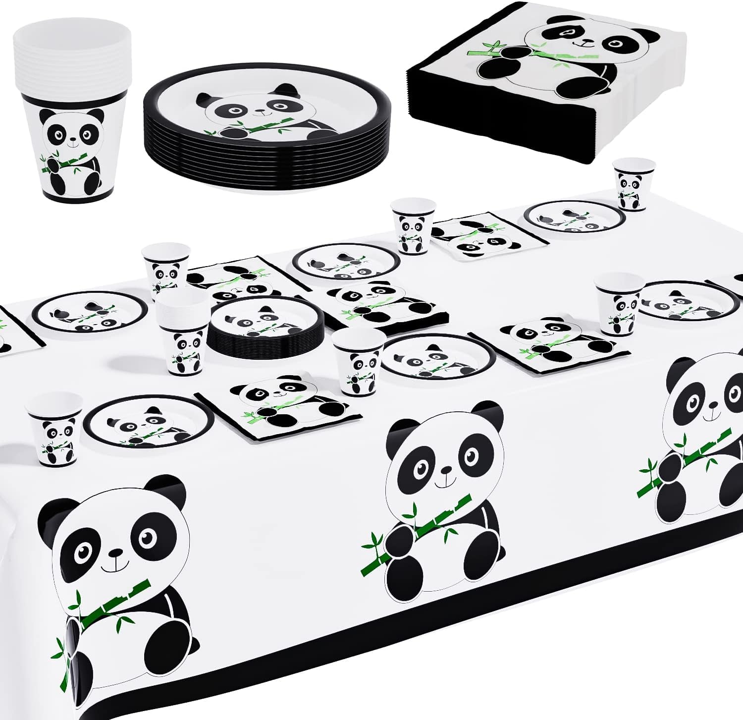 Panda Party Tableware 61 Pcs,Panda Table Cloth,Panda Birthday Party Supplies,Panda Plates and Cups,for Panda Themed Birthday Party Decorations Serves 20 Guests