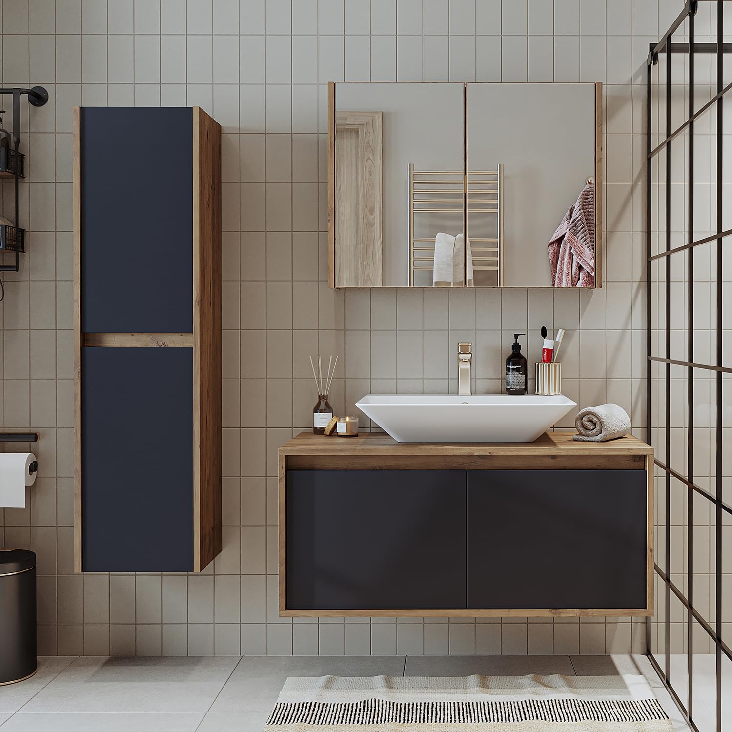 ROOMART • Badmöbel Set •Atlantic • 4 Teilig • 100 cm Unterschrank mit Keramikwaschbecken • Spiegelschrank • Hochscrank (Anthrazit Eiche)